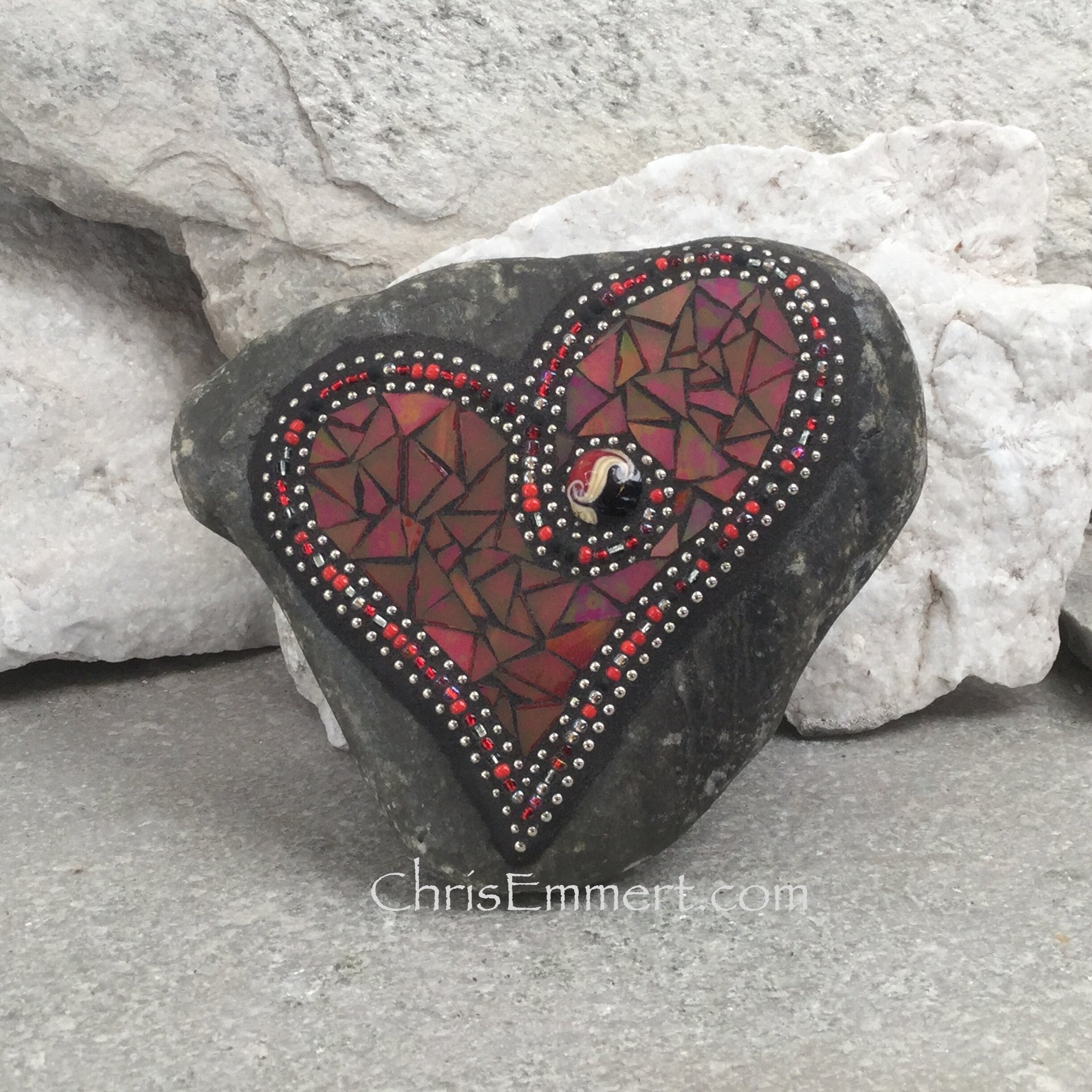 Iridescent Red Mosaic Heart, Mosaic Rock, Mosaic Garden Stone,