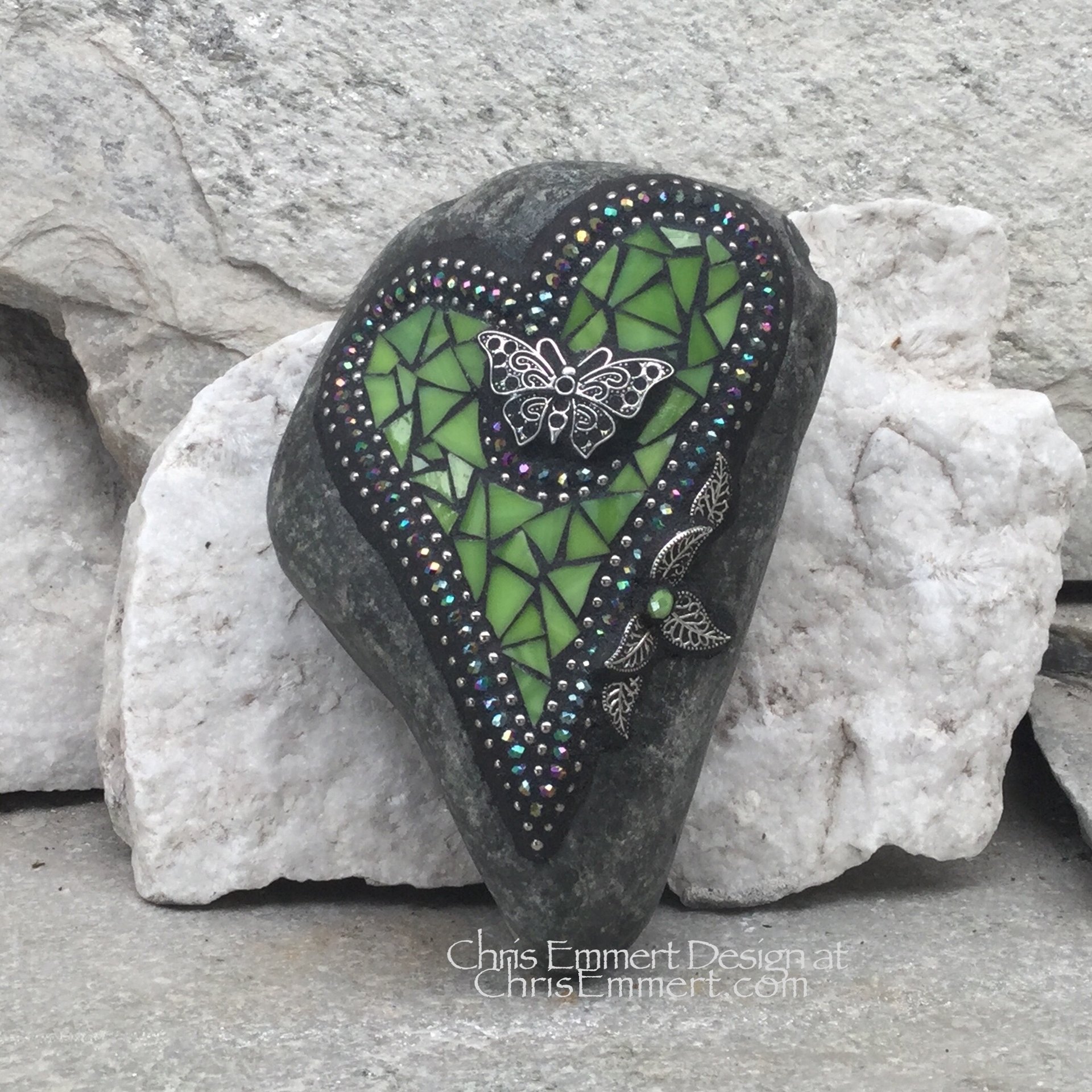 Lime Green Butterfly Heart, Mosaic Paperweight / Garden Stone