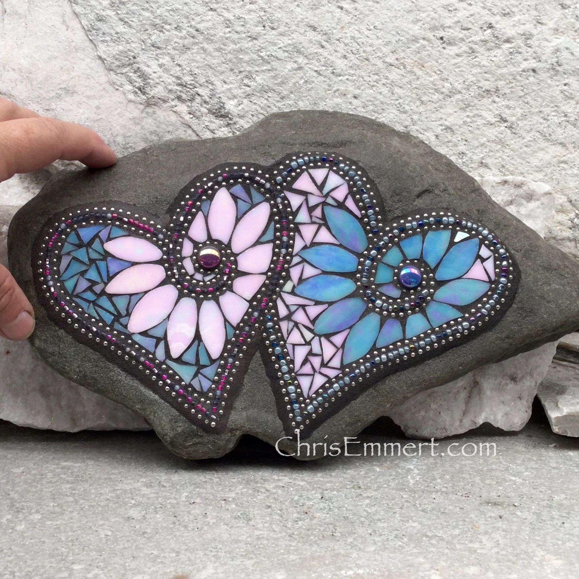 Double Mosaic Heart, Wedding Mosaic Rock, Mosaic Garden Stone, Iridescent Pink and Blue, Home Decor, Garden Gift, Gardener