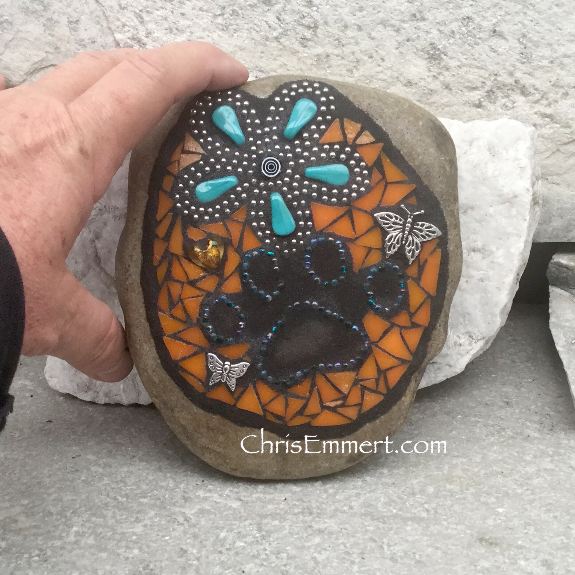 Teal Flower and Orange, Black Paw Print - Garden Stone, Pet Memorial, Garden Decor'