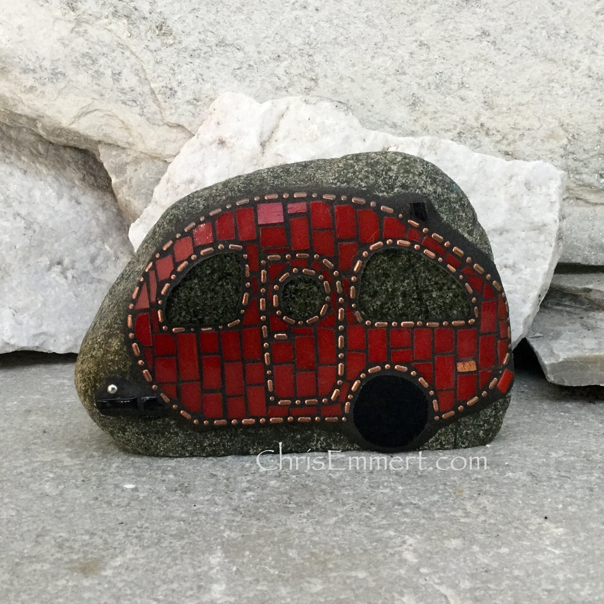 Red Retro Caravan - Mosaic on Rock Garden Stone