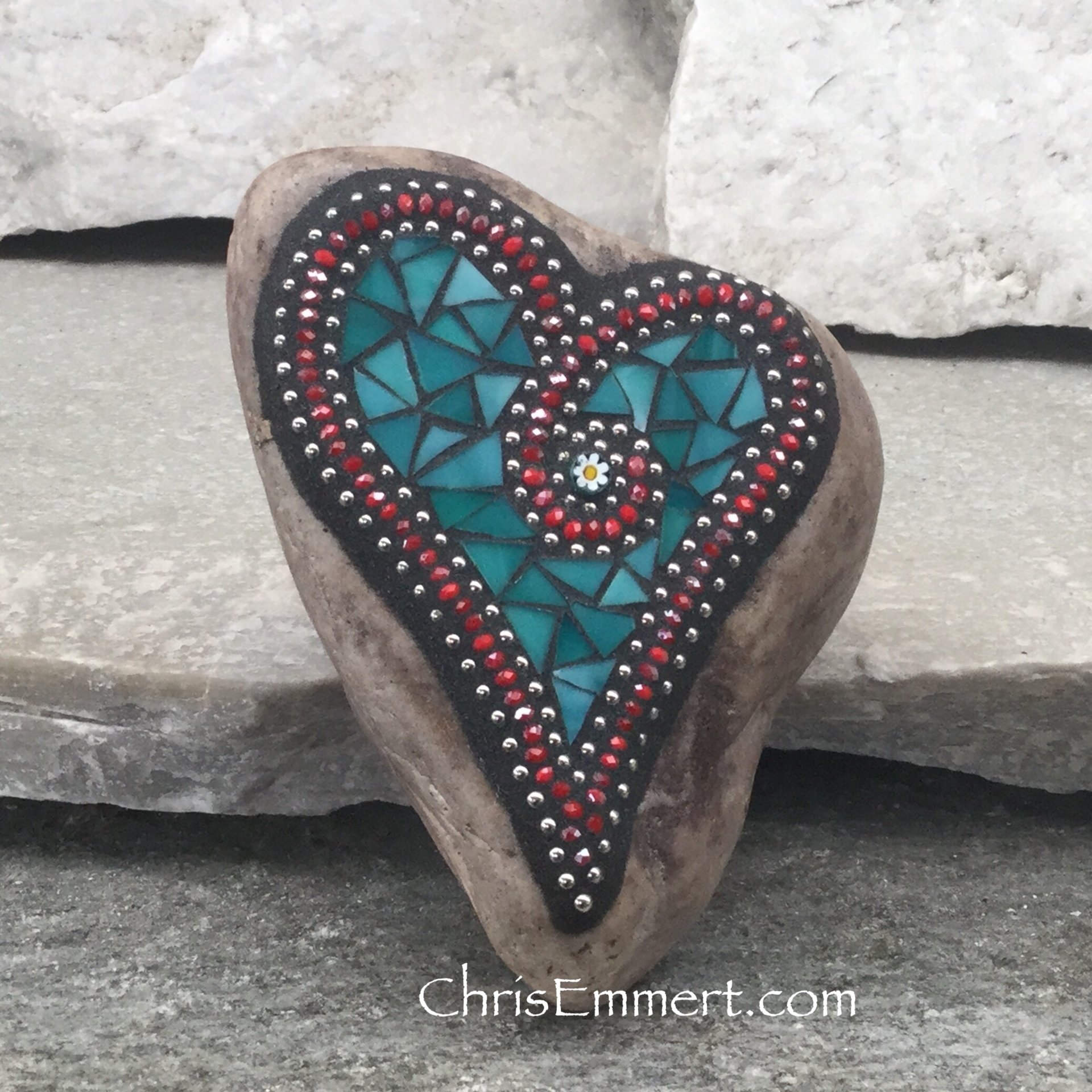 Mosaic Heart, Mosaic Rock, Mosaic Garden Stone, Teal, Red, Home Decor, Gardening, Gardening Gift,