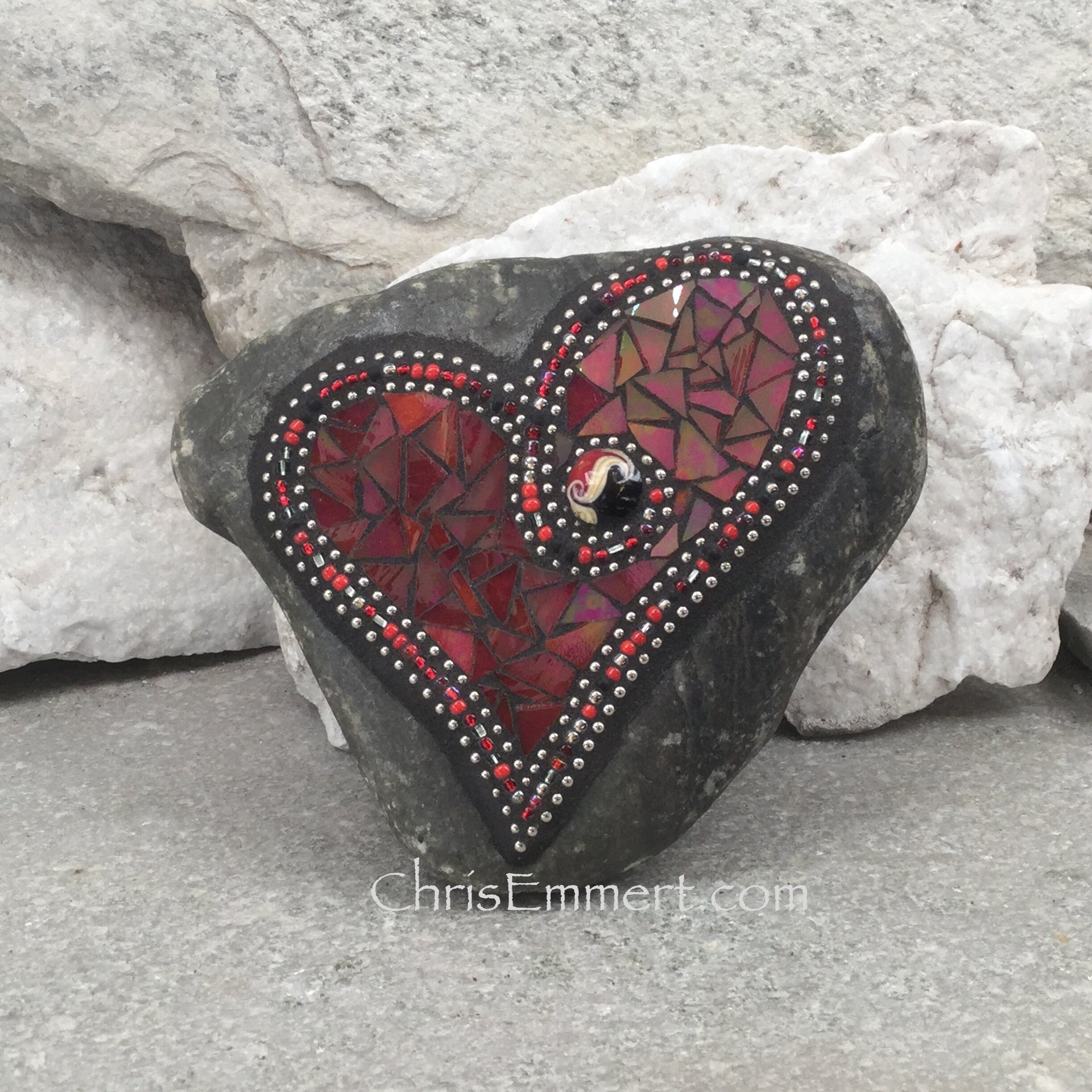 Iridescent Red Mosaic Heart, Mosaic Rock, Mosaic Garden Stone,