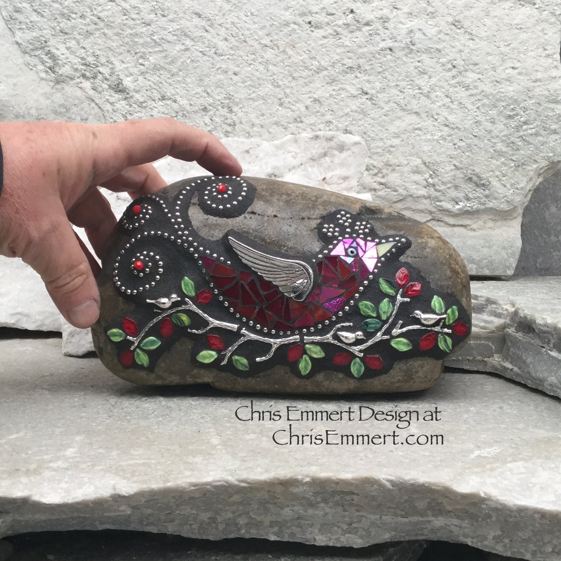 Red Bird on a Branch Mosaic-Garden Stone