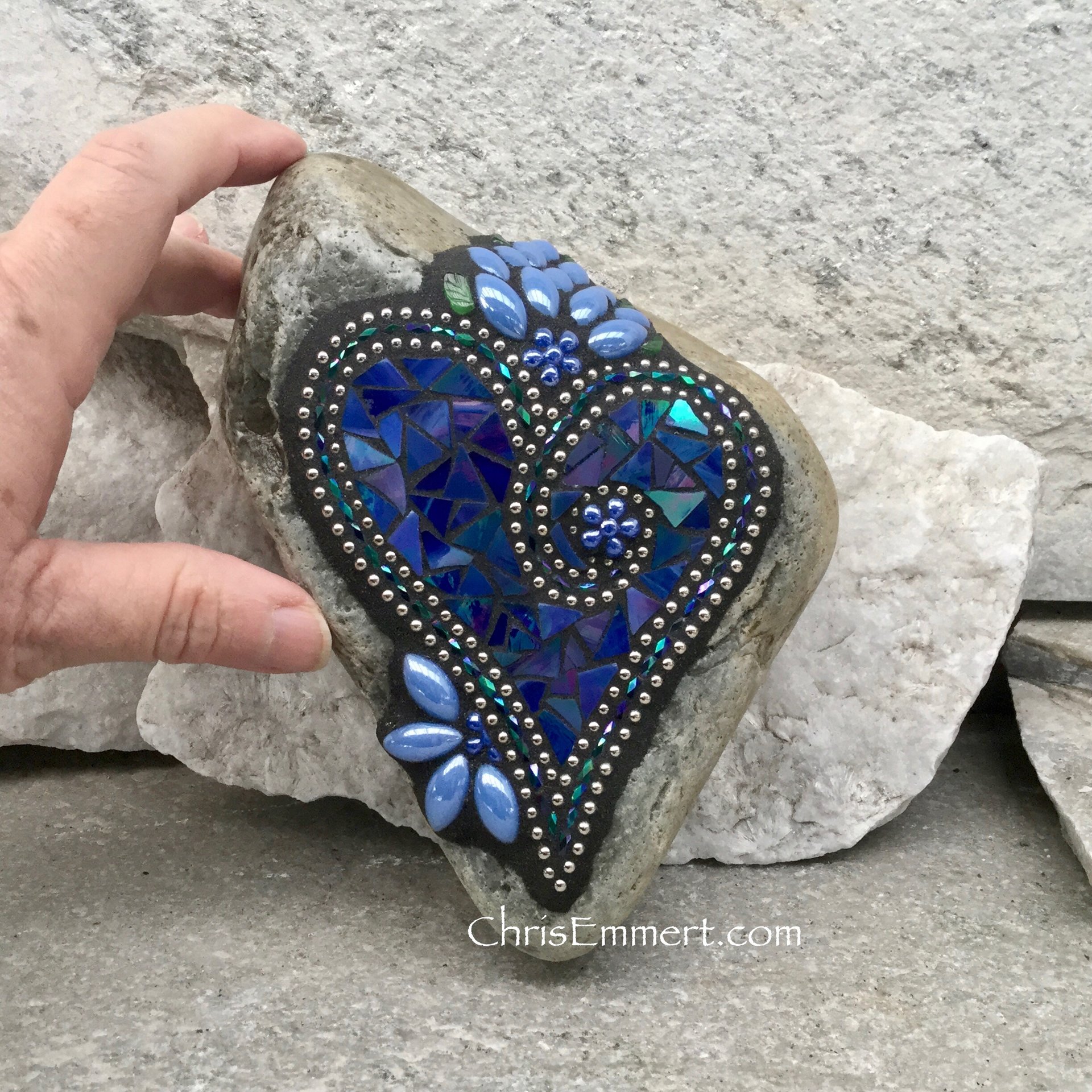 Iridescent Blue Heart, (2) Garden Stone, Mosaic, Garden Decor