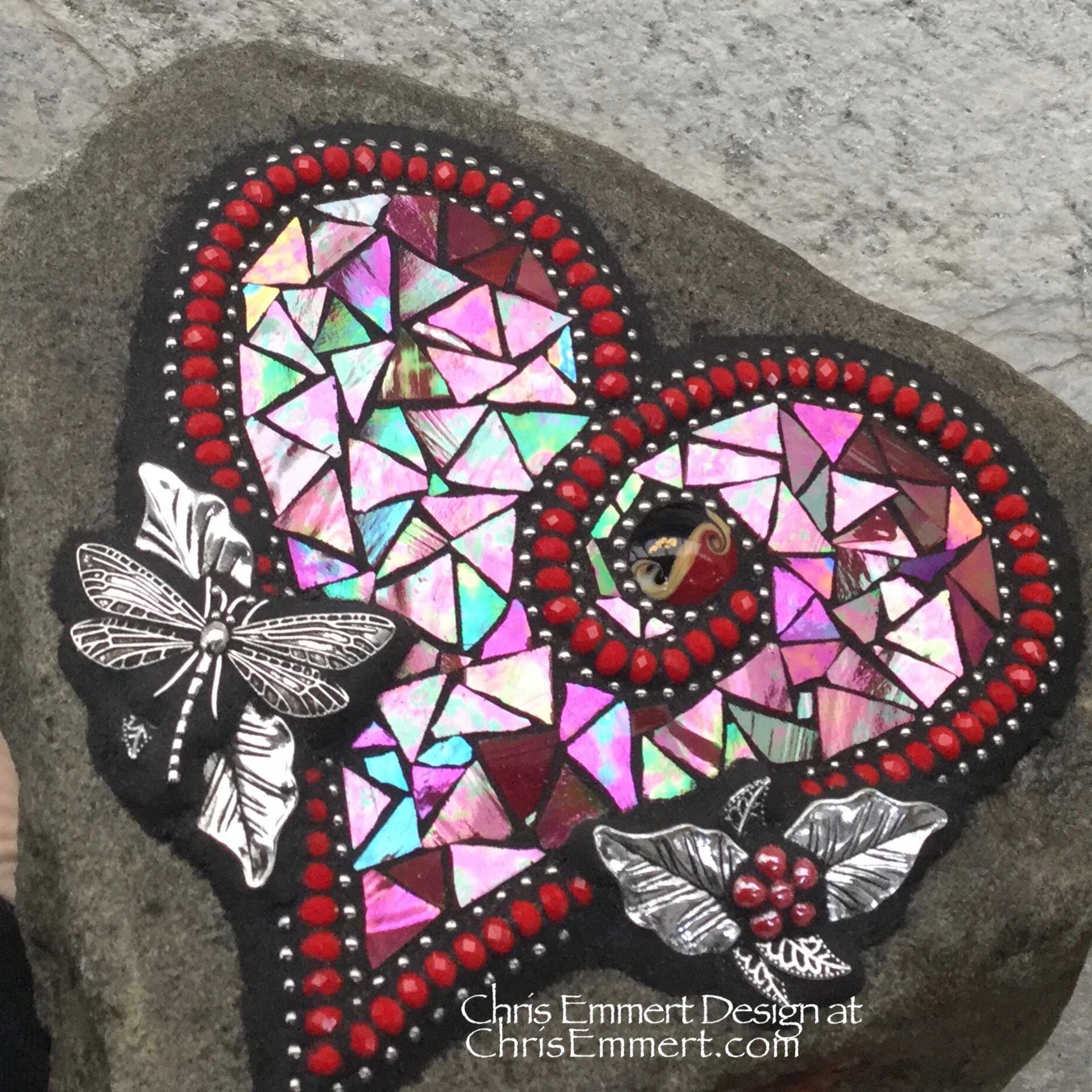 Iridescent Red Heart, Garden Stone, Mosaic, Garden Decor