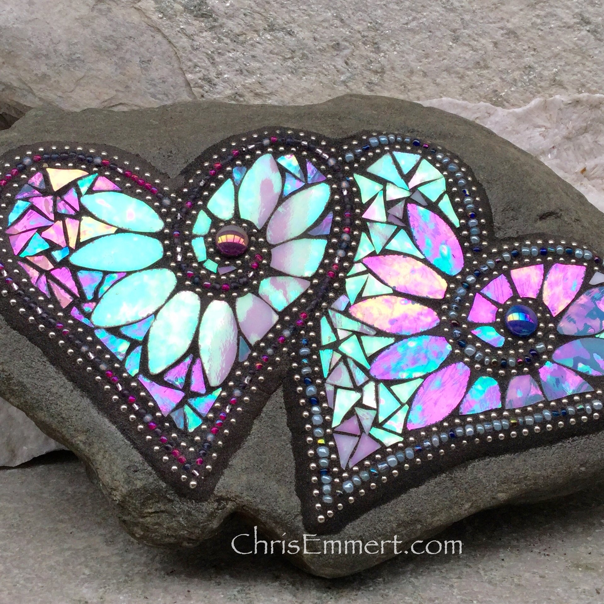 Double Mosaic Heart, Wedding Mosaic Rock, Mosaic Garden Stone, Iridescent Pink and Blue, Home Decor, Garden Gift, Gardener