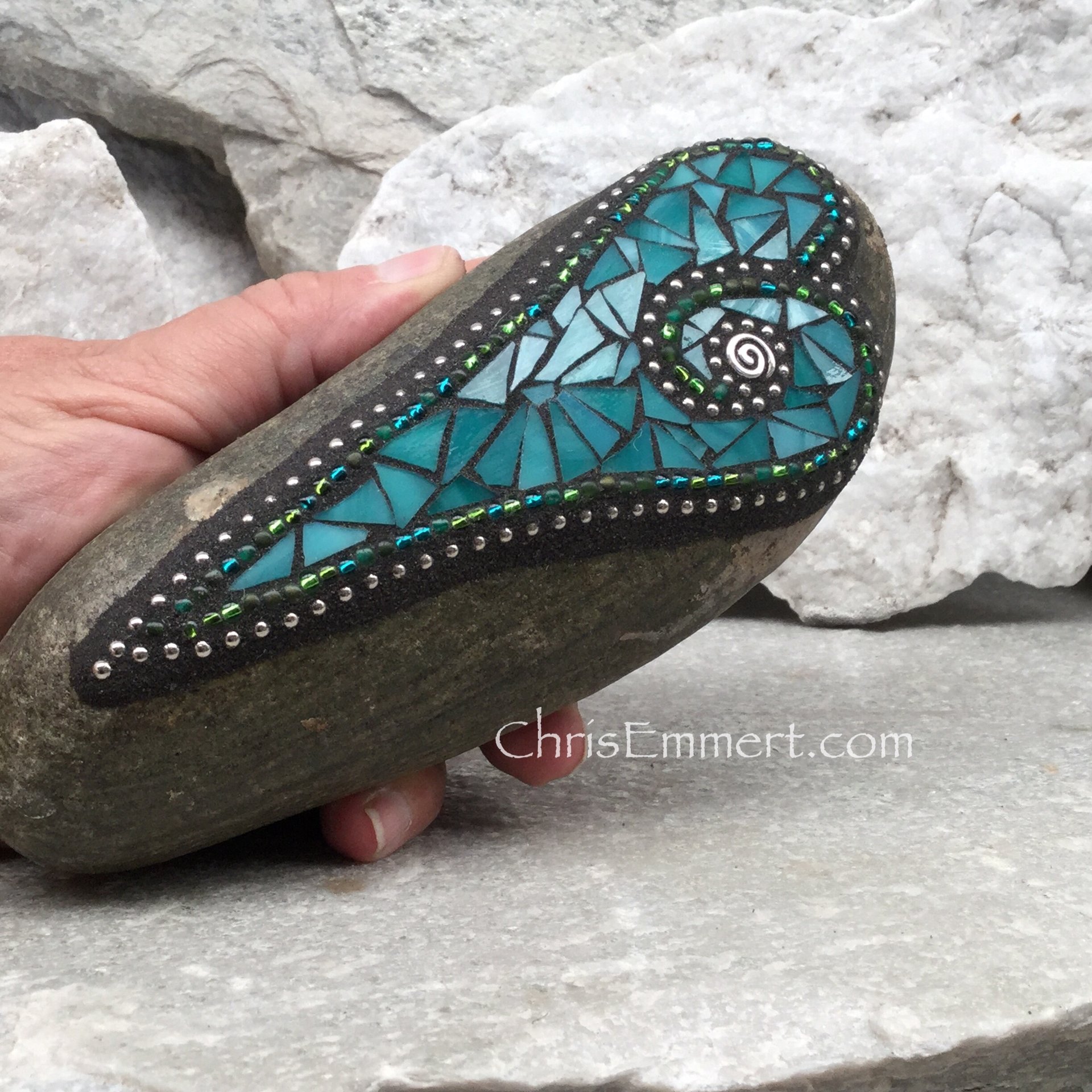 Teal Blue Mosaic Heart, Mosaic Rock, Mosaic Garden Stone, Home Decor, Gardening, Gardening Gift,