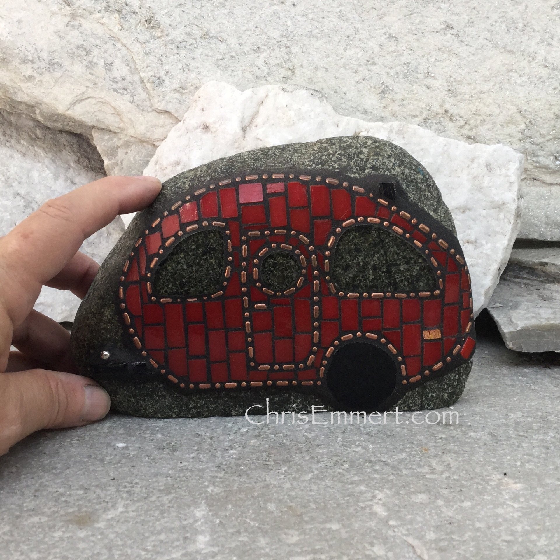 Red Retro Caravan - Mosaic on Rock Garden Stone
