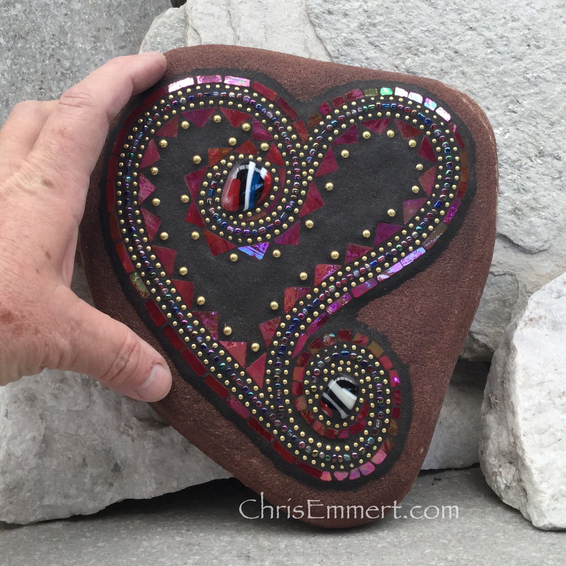 Iridescent Red Mosaic Heart, Mosaic Garden Stone, Gardner Gift, Garden Decor,