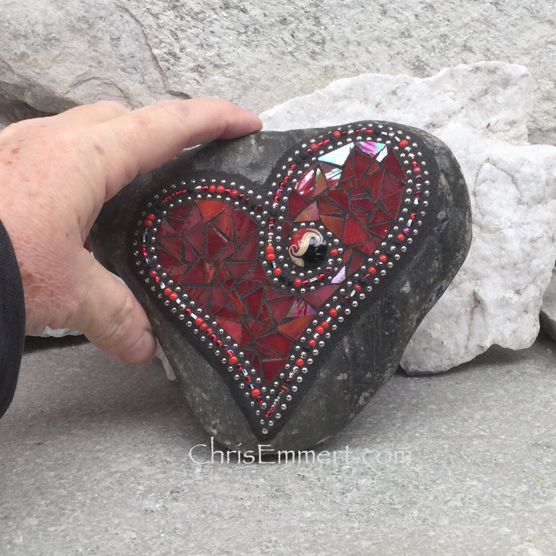 Iridescent Red Mosaic Heart, Mosaic Rock, Mosaic Garden Stone,