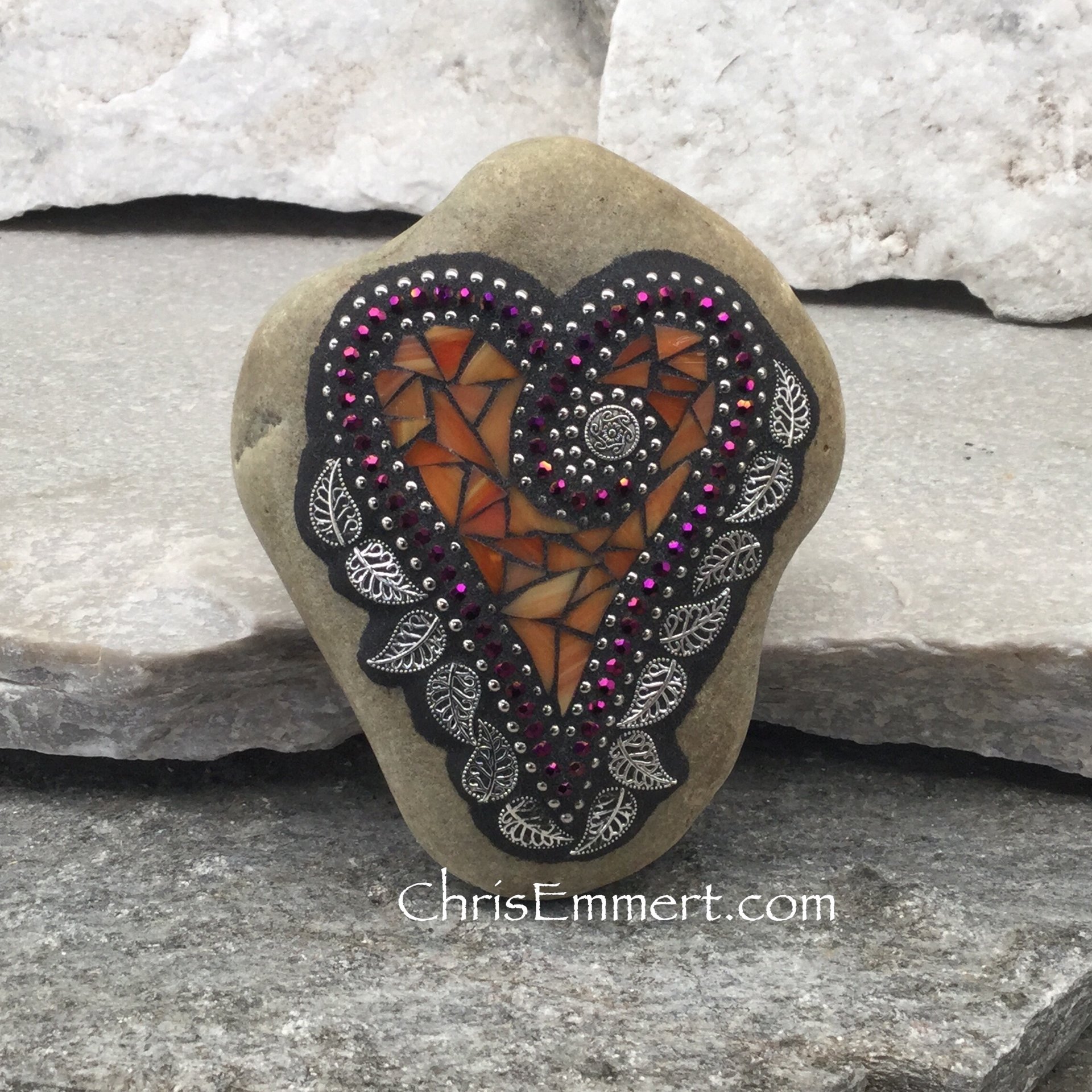 Orange Heart, Mosaic Paperweight / Garden Stone