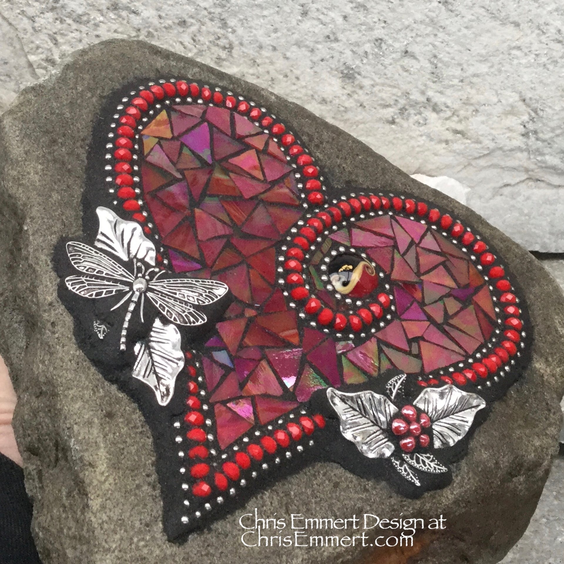 Iridescent Red Heart, Garden Stone, Mosaic, Garden Decor