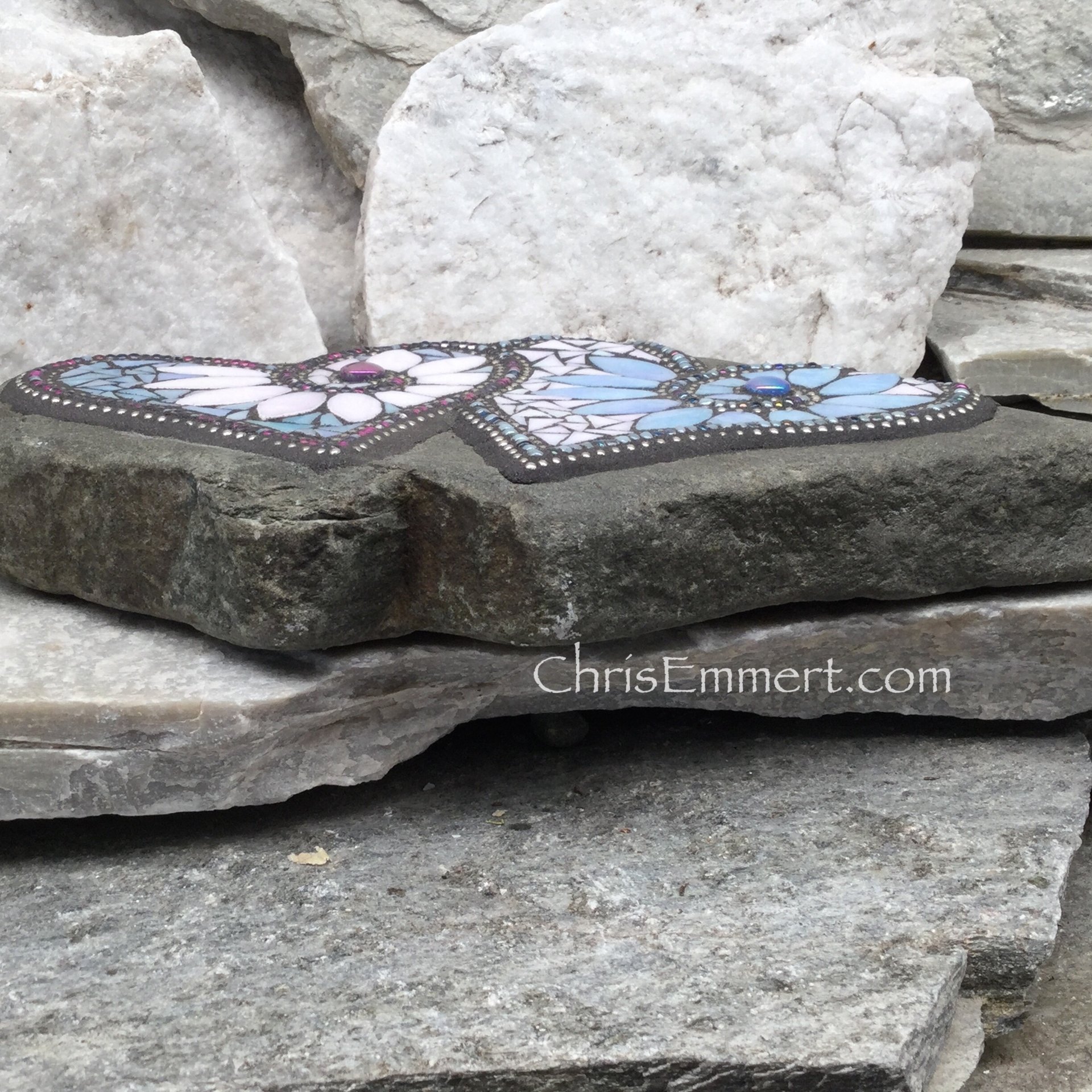 Double Mosaic Heart, Wedding Mosaic Rock, Mosaic Garden Stone, Iridescent Pink and Blue, Home Decor, Garden Gift, Gardener