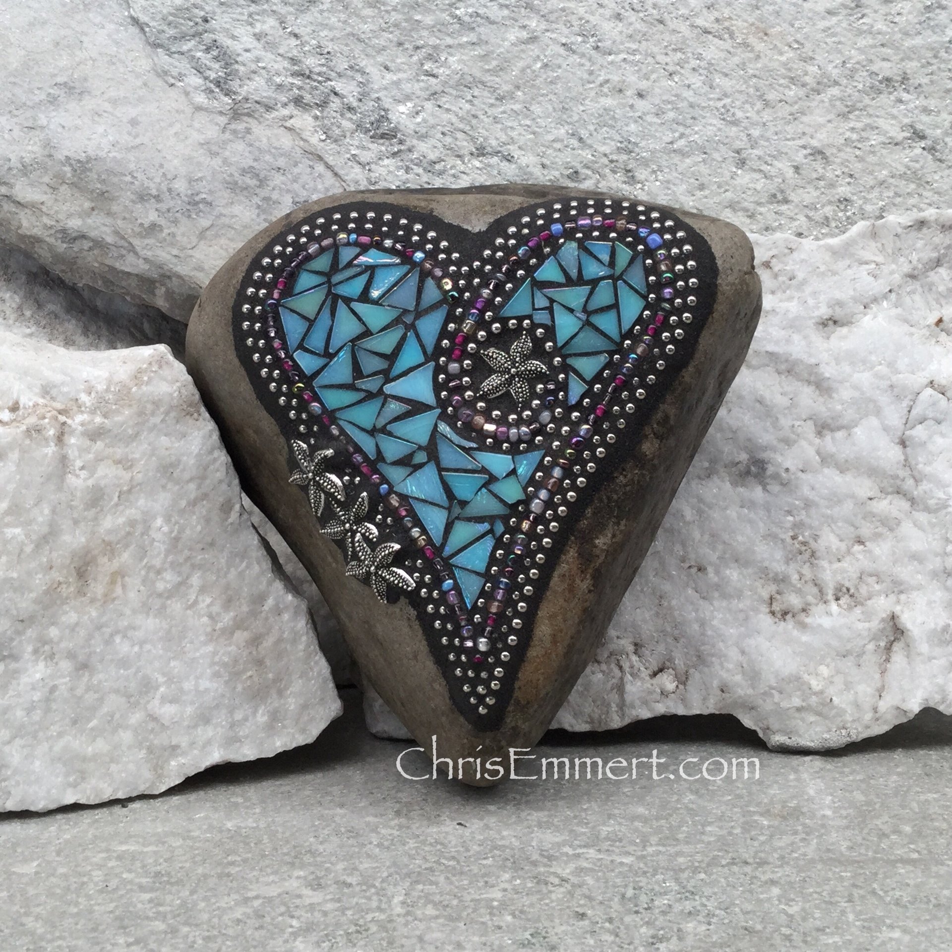 Iridescent Blue Heart, Starfish, Garden Stone, Mosaic, Garden Decor