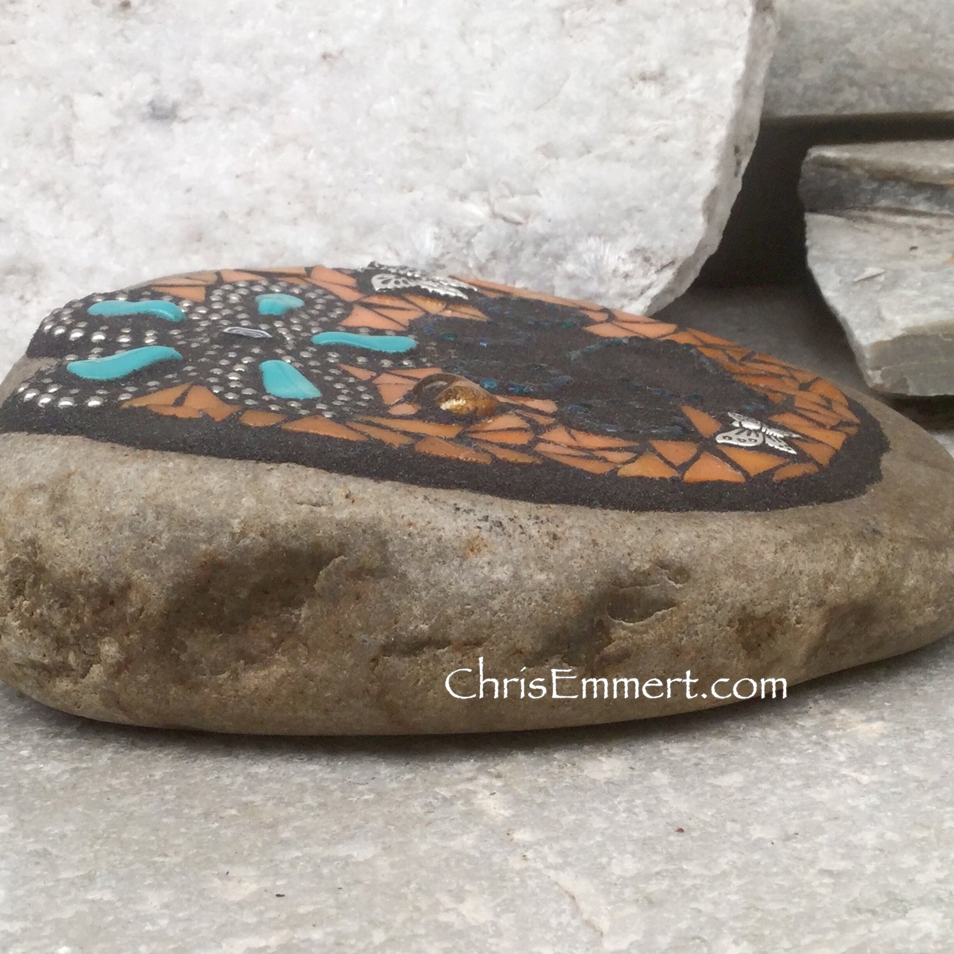 Teal Flower and Orange, Black Paw Print - Garden Stone, Pet Memorial, Garden Decor'