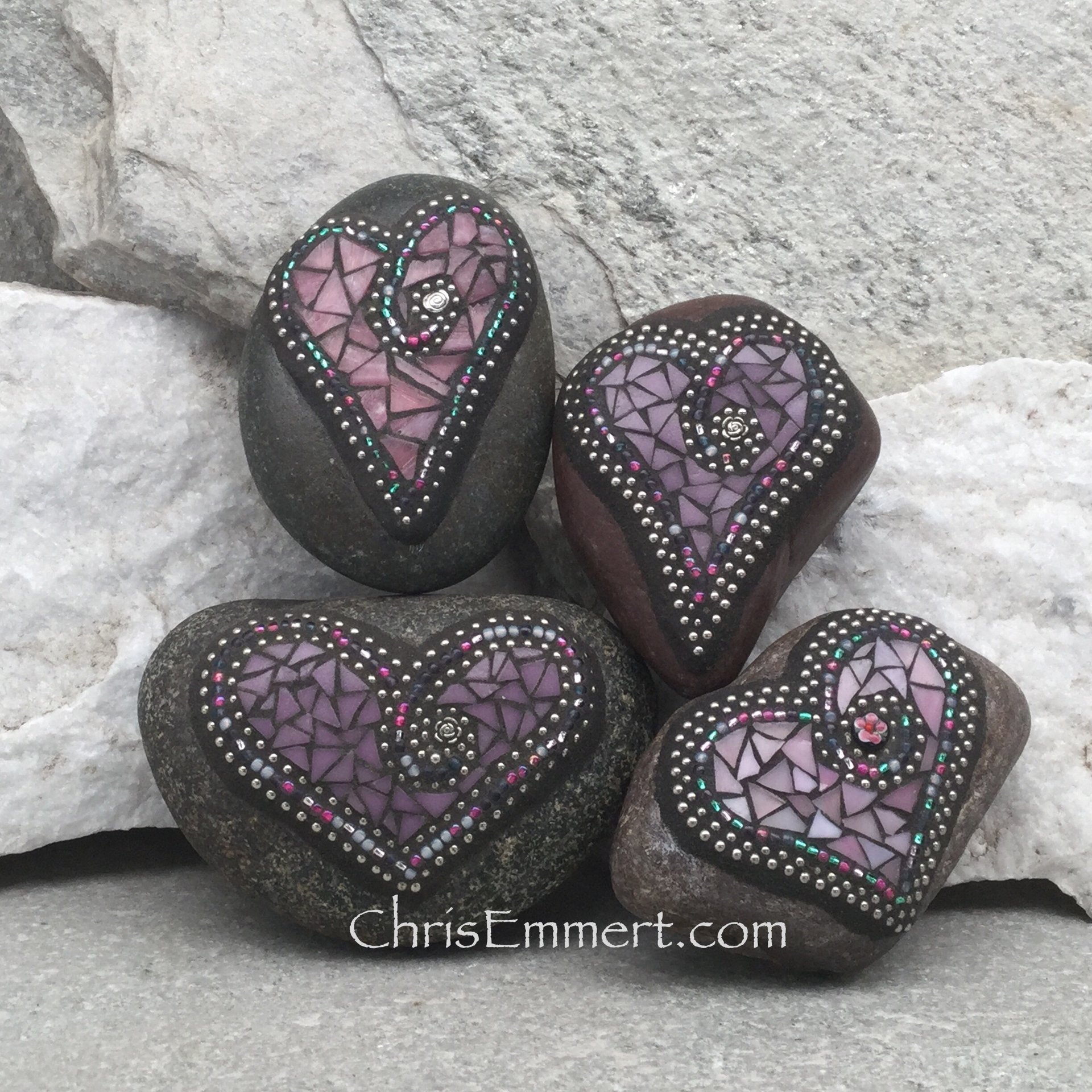 Pink and Purple Garden Stone/Paperweights #4 Group Mosaic Heart, Mosaic Rock, Mosaic Garden Stone, Home Decor, Gardening, Gardening Gift,