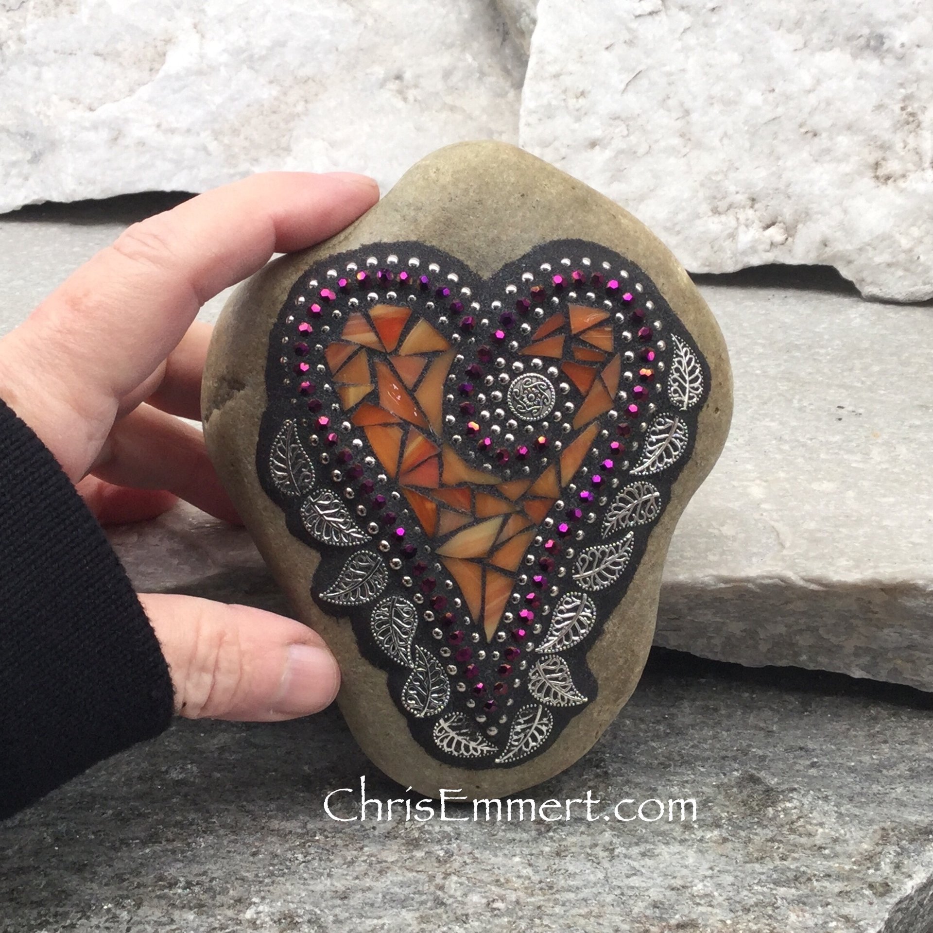 Orange Heart, Mosaic Paperweight / Garden Stone