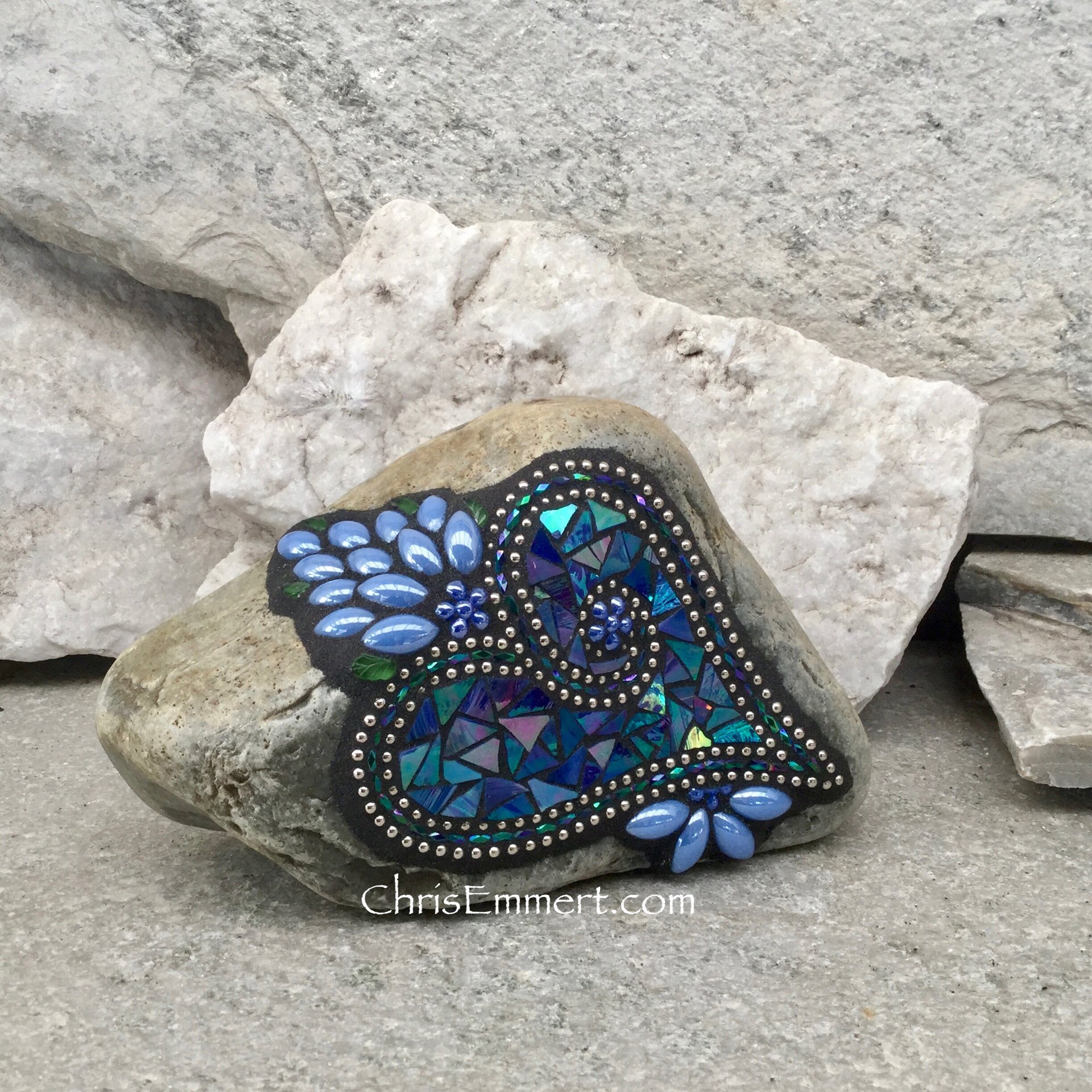 Iridescent Blue Heart, (2) Garden Stone, Mosaic, Garden Decor