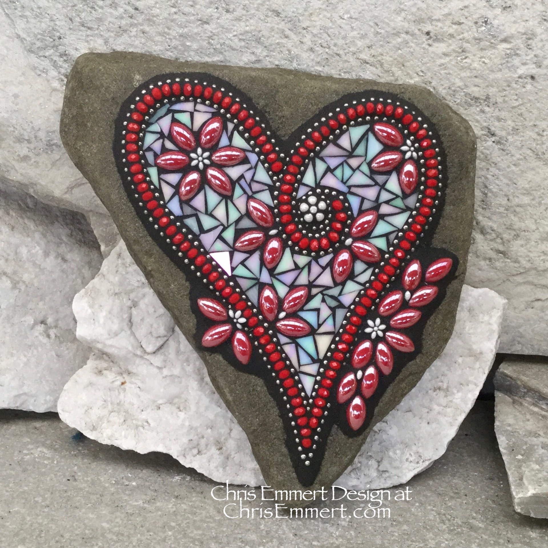 Iridescent White Heart with Red Flowers, Garden Stone, Mosaic, Garden Decor