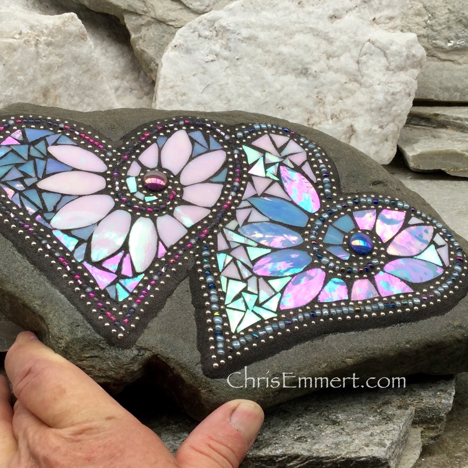 Double Mosaic Heart, Wedding Mosaic Rock, Mosaic Garden Stone, Iridescent Pink and Blue, Home Decor, Garden Gift, Gardener