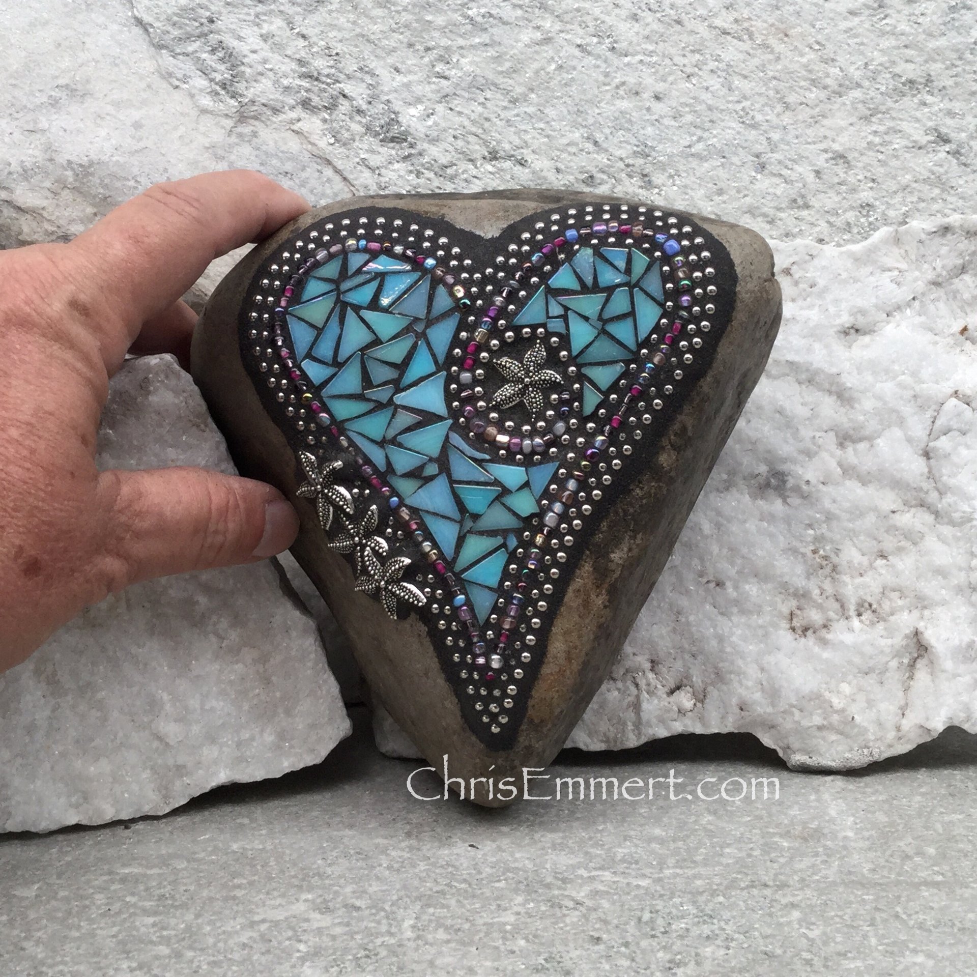 Iridescent Blue Heart, Starfish, Garden Stone, Mosaic, Garden Decor