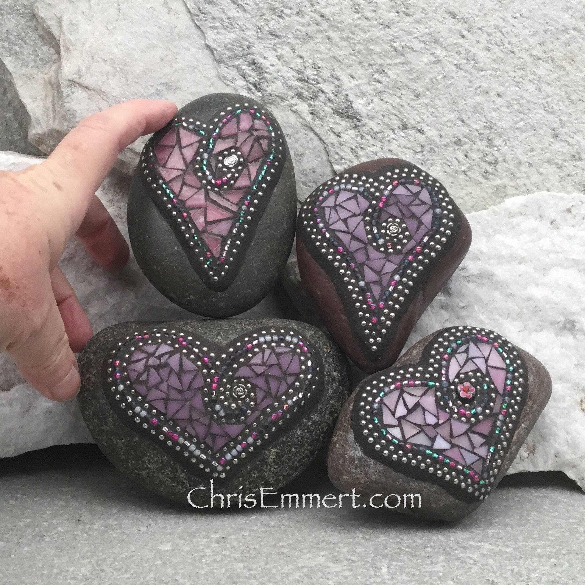 Pink and Purple Garden Stone/Paperweights #4 Group Mosaic Heart, Mosaic Rock, Mosaic Garden Stone, Home Decor, Gardening, Gardening Gift,