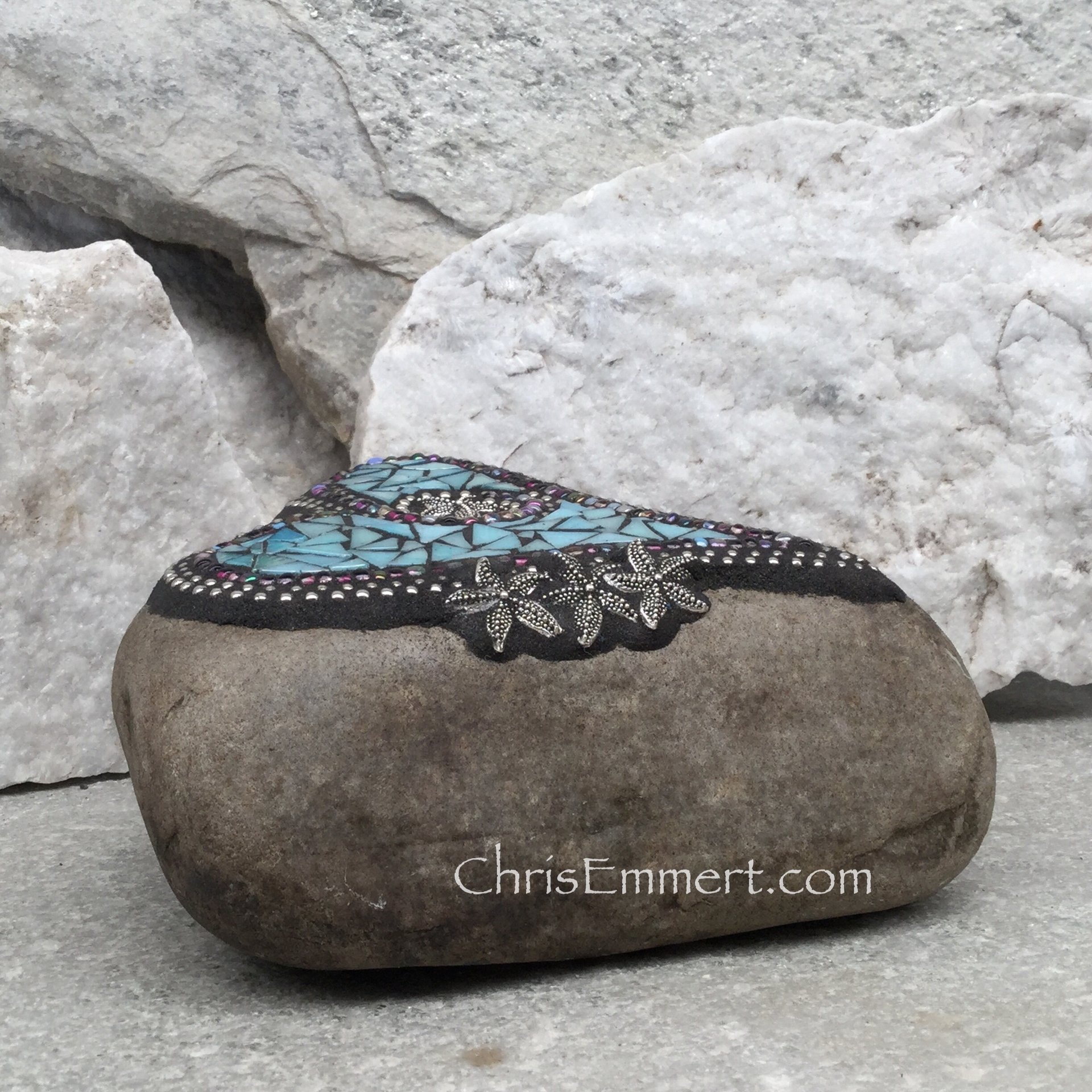 Iridescent Blue Heart, Starfish, Garden Stone, Mosaic, Garden Decor