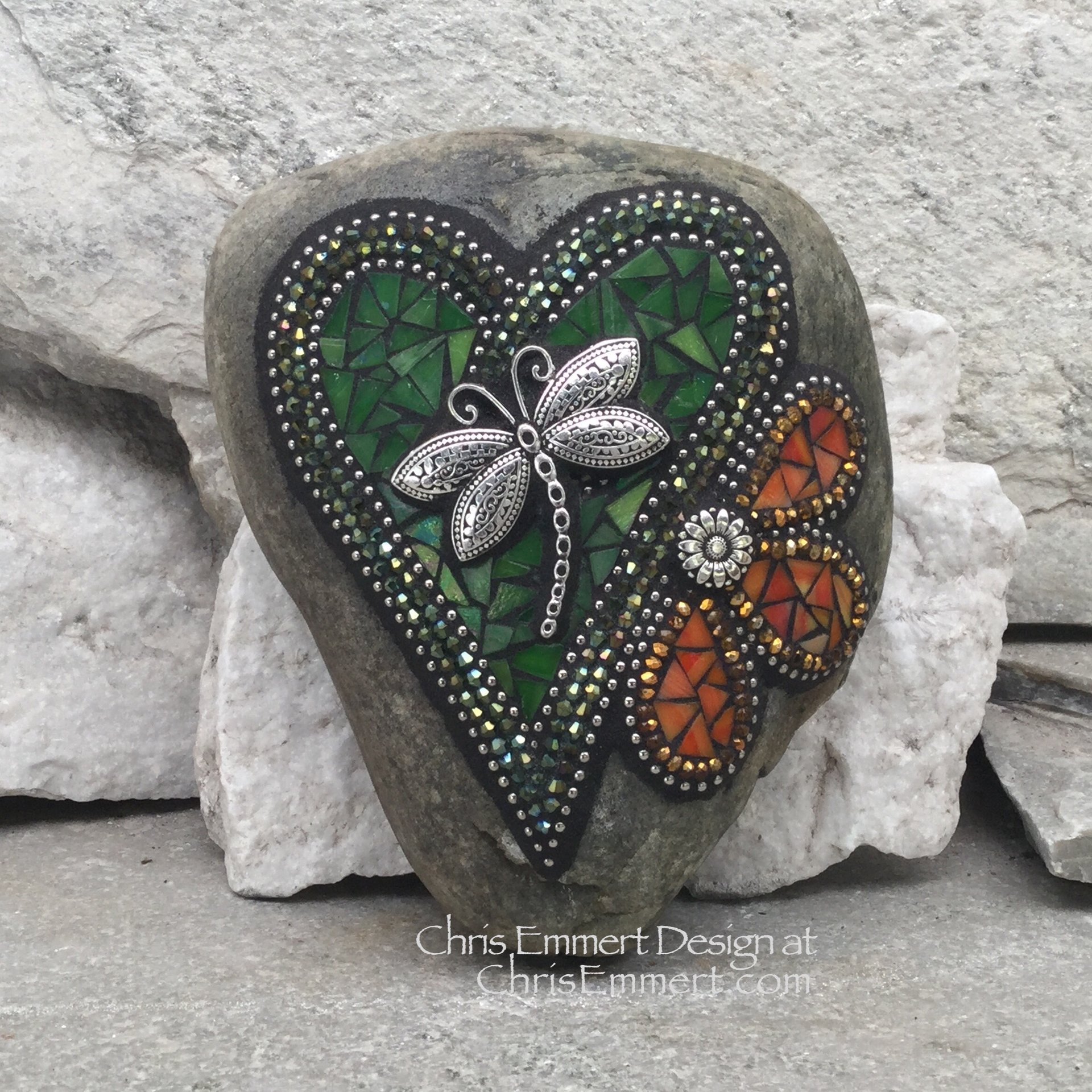 Iridescent Green Dragonfly Mosaic Heart, Mosaic Rock, Mosaic Garden Stone,