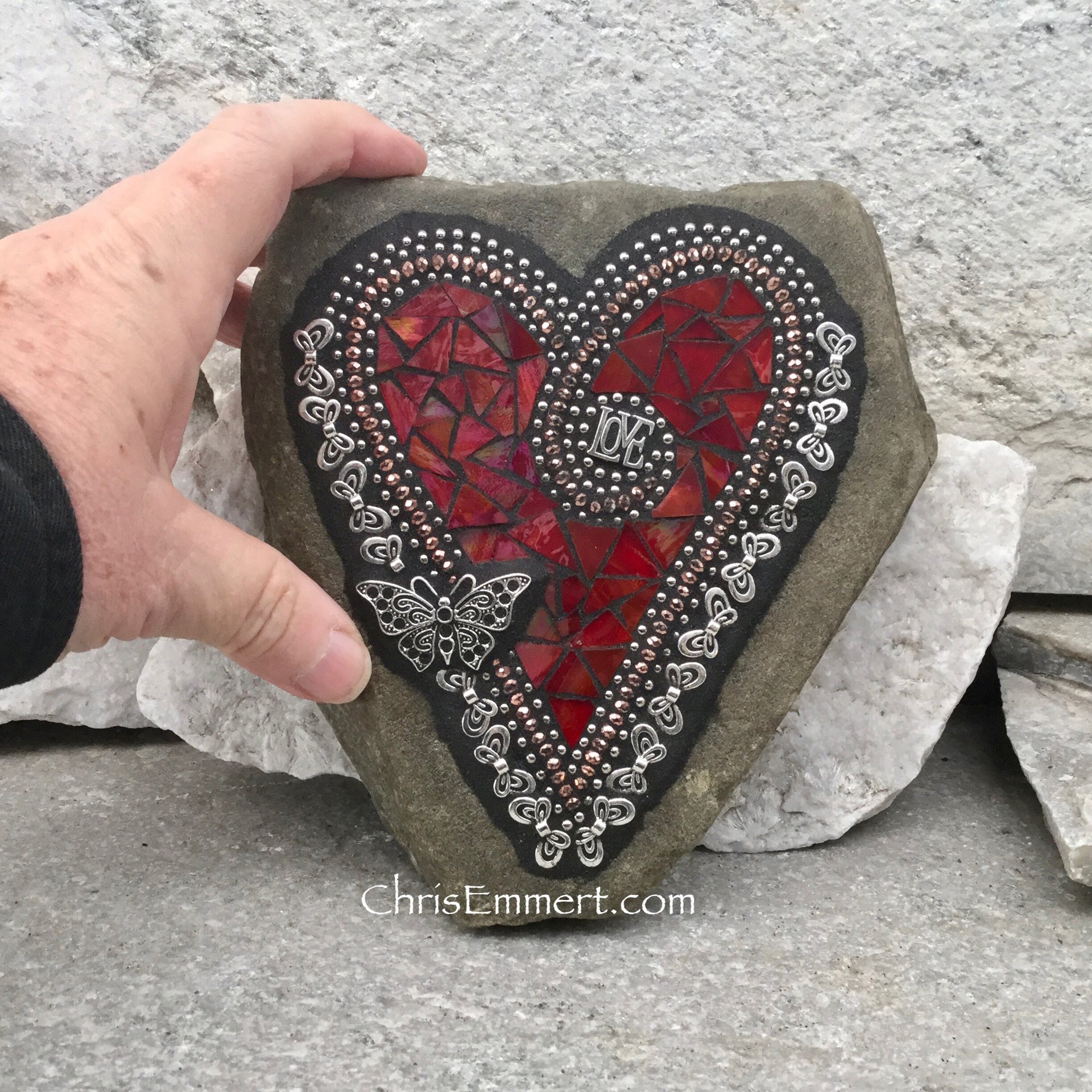 Red Love Mosaic Heart, Butterflies, Mosaic Rock, Mosaic Garden Stone,