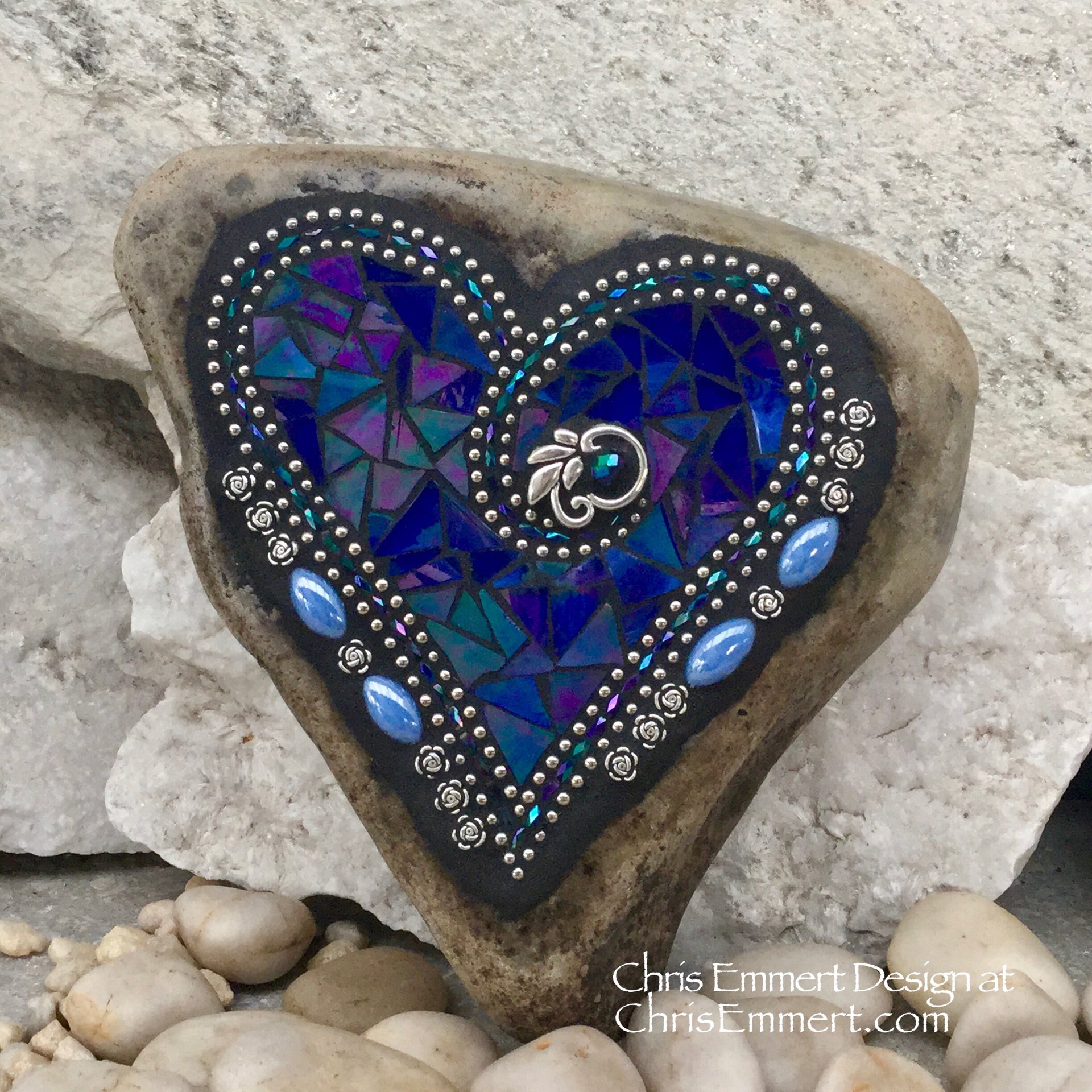 Iridescent Blue Heart, (2) Garden Stone, Mosaic, Garden Decor