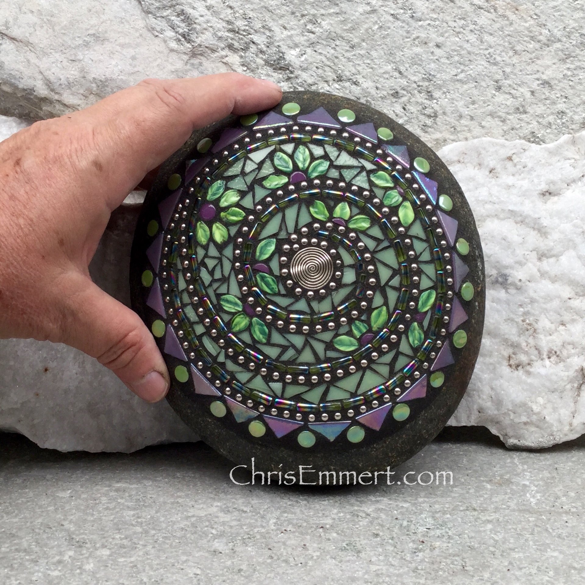 Olive Green and Lavender Mosaic Swirl,  Mosaic Garden Stone. Gardener Gift