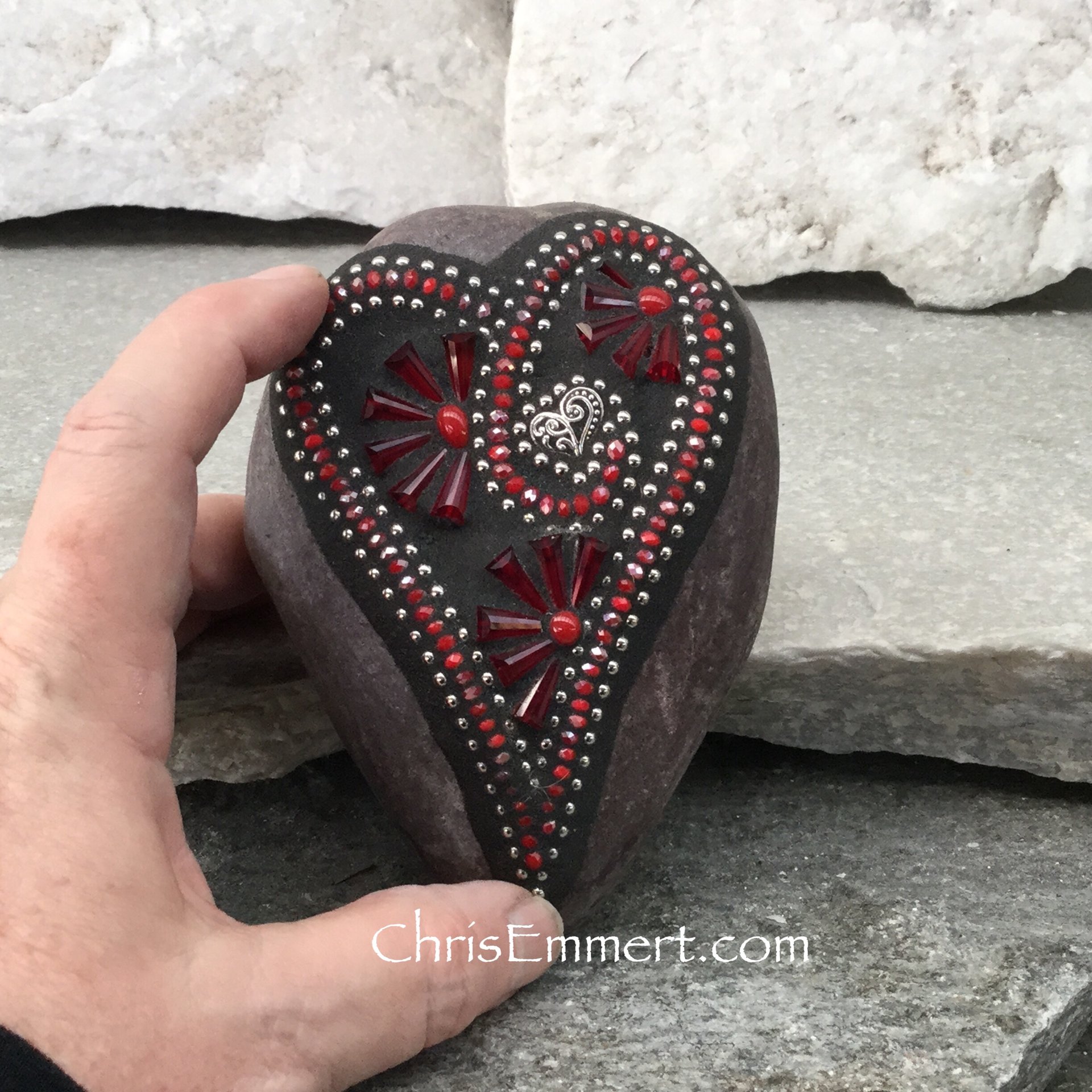 Crystal Red Valentine Heart, Mosaic Paperweight / Garden Stone