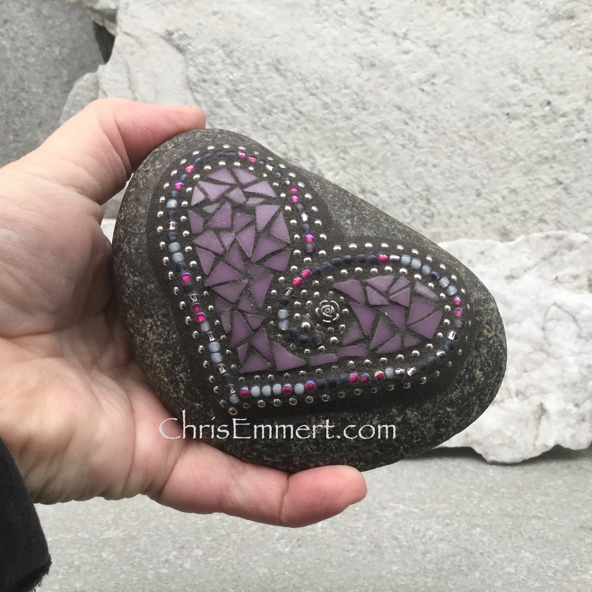 Pink and Purple Garden Stone/Paperweights #4 Group Mosaic Heart, Mosaic Rock, Mosaic Garden Stone, Home Decor, Gardening, Gardening Gift,