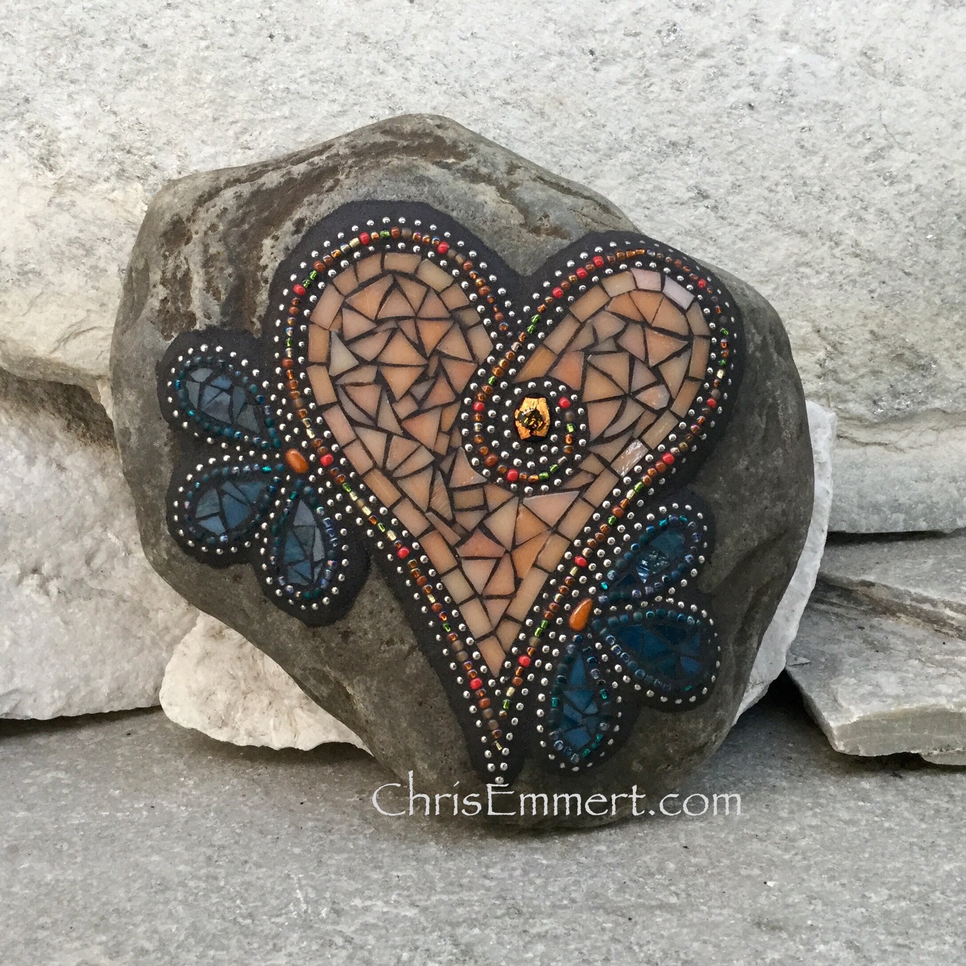 Light Orange Mosaic Heart, Teal Flowers, Mosaic Rock, Mosaic Garden Stone, Garden Rock, Home Decor, Gardener Gift