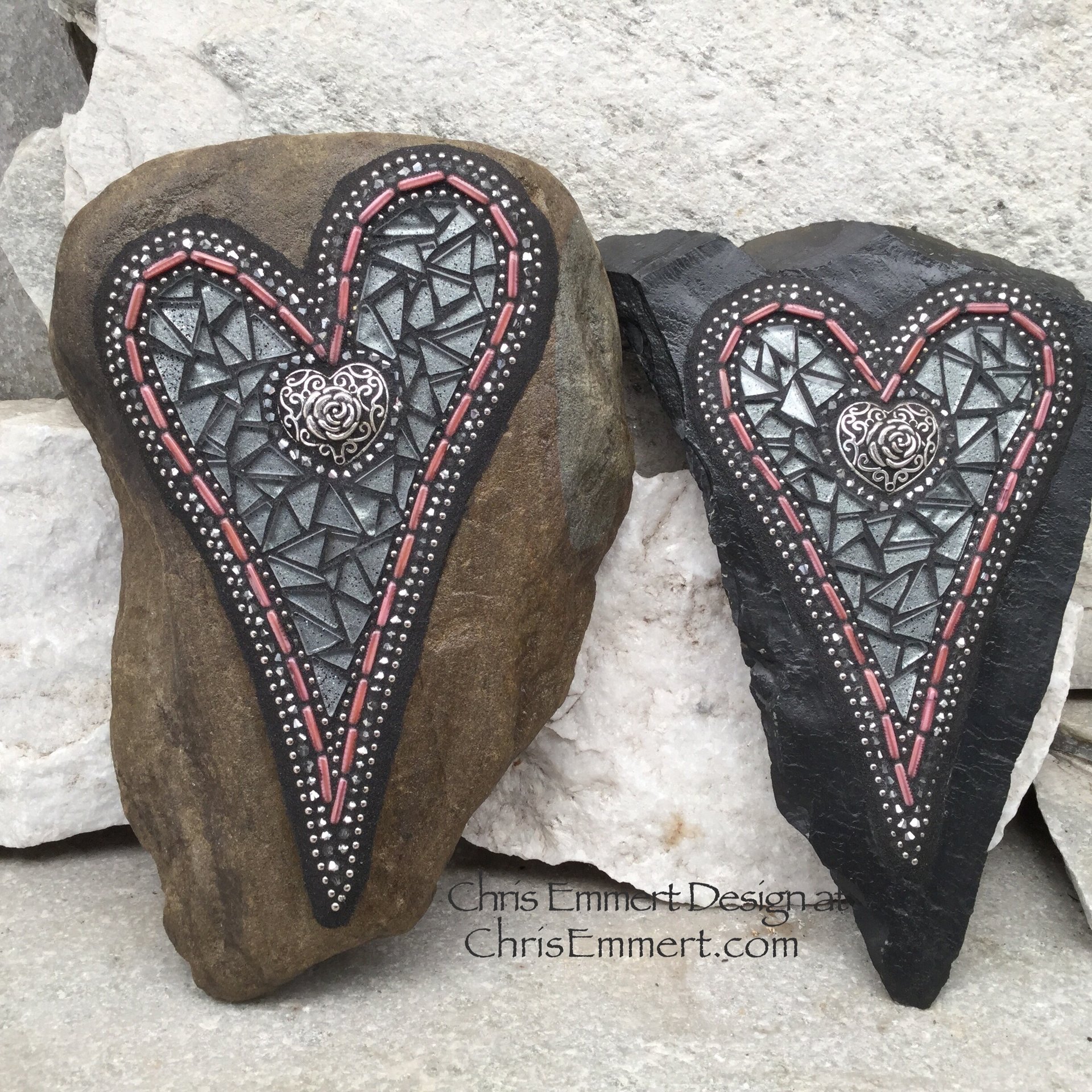 Reserved Iridescent Silver Heart Garden Stone, Mosaic, Garden Decor, Paperweight