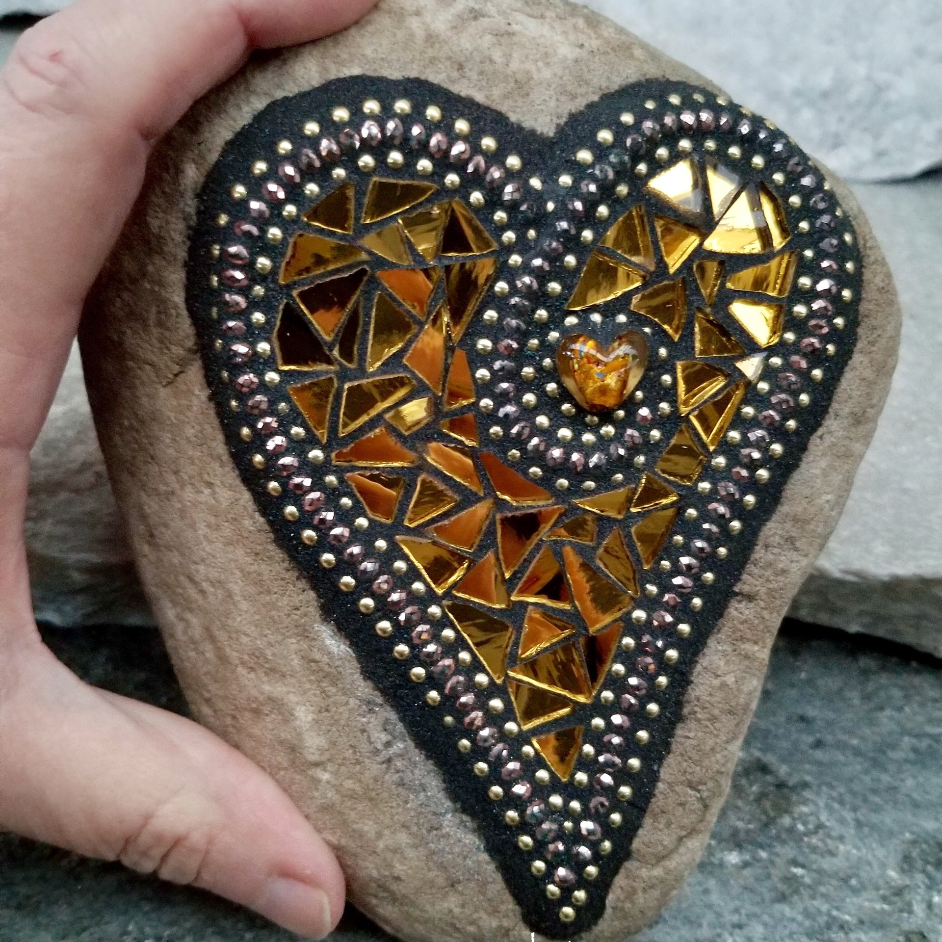 Gold Mirror Heart (3), Mosaic Paperweight / Garden Stone