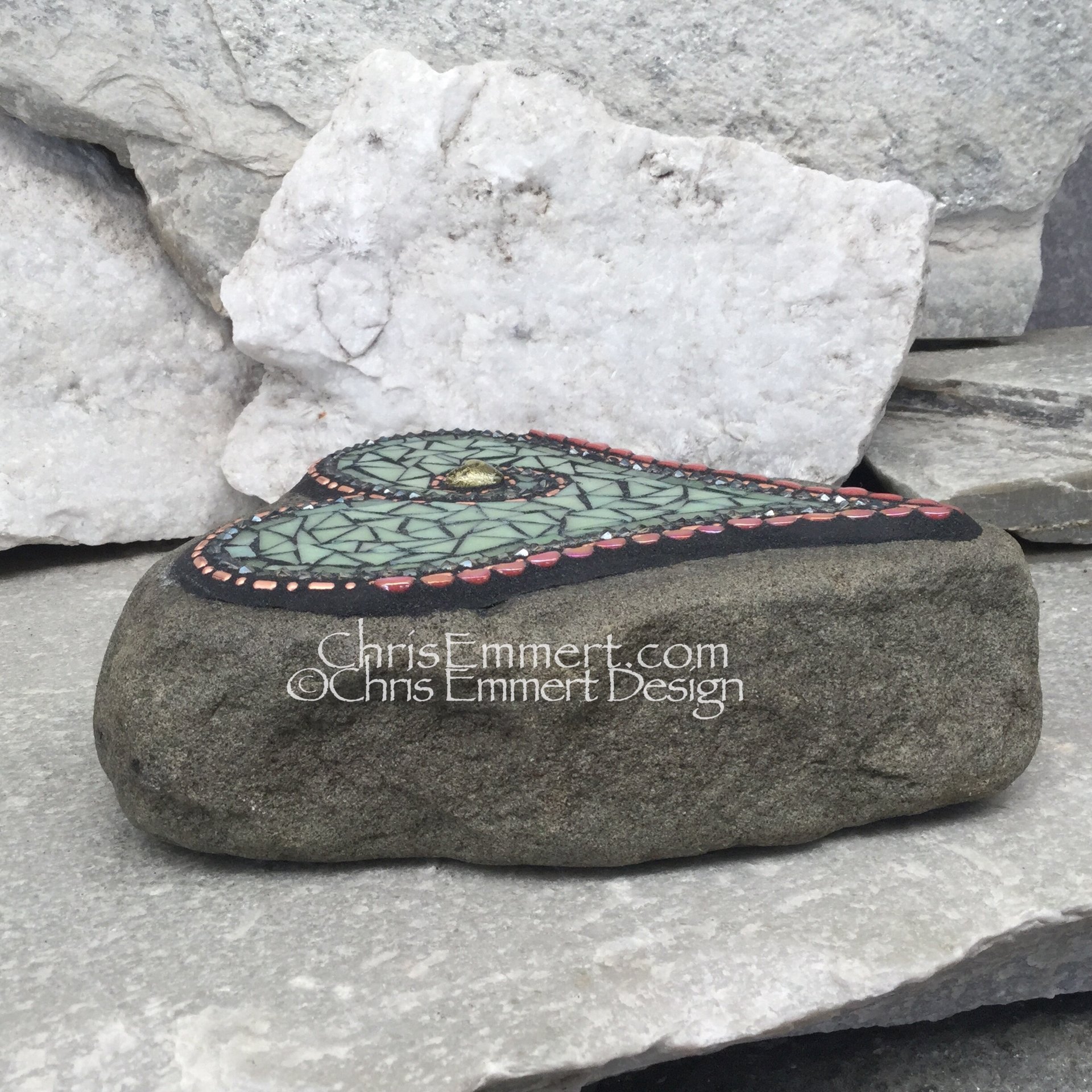 Olive Green Mosaic Heart with Pink and Copper, Mosaic Garden Stone. Gardener Gift