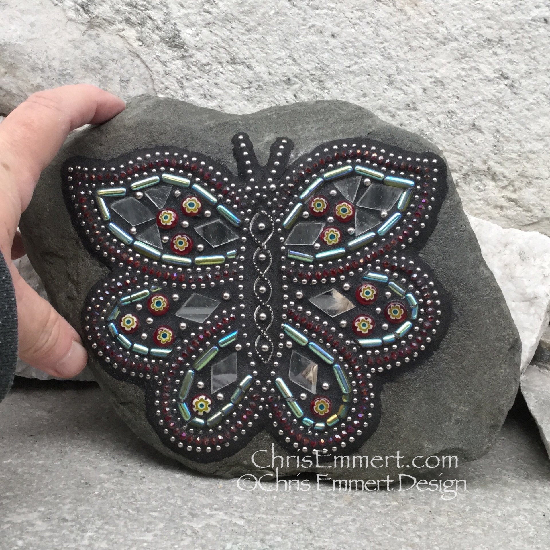 Red and Mirror Butterfly Mosaic -Garden Stone