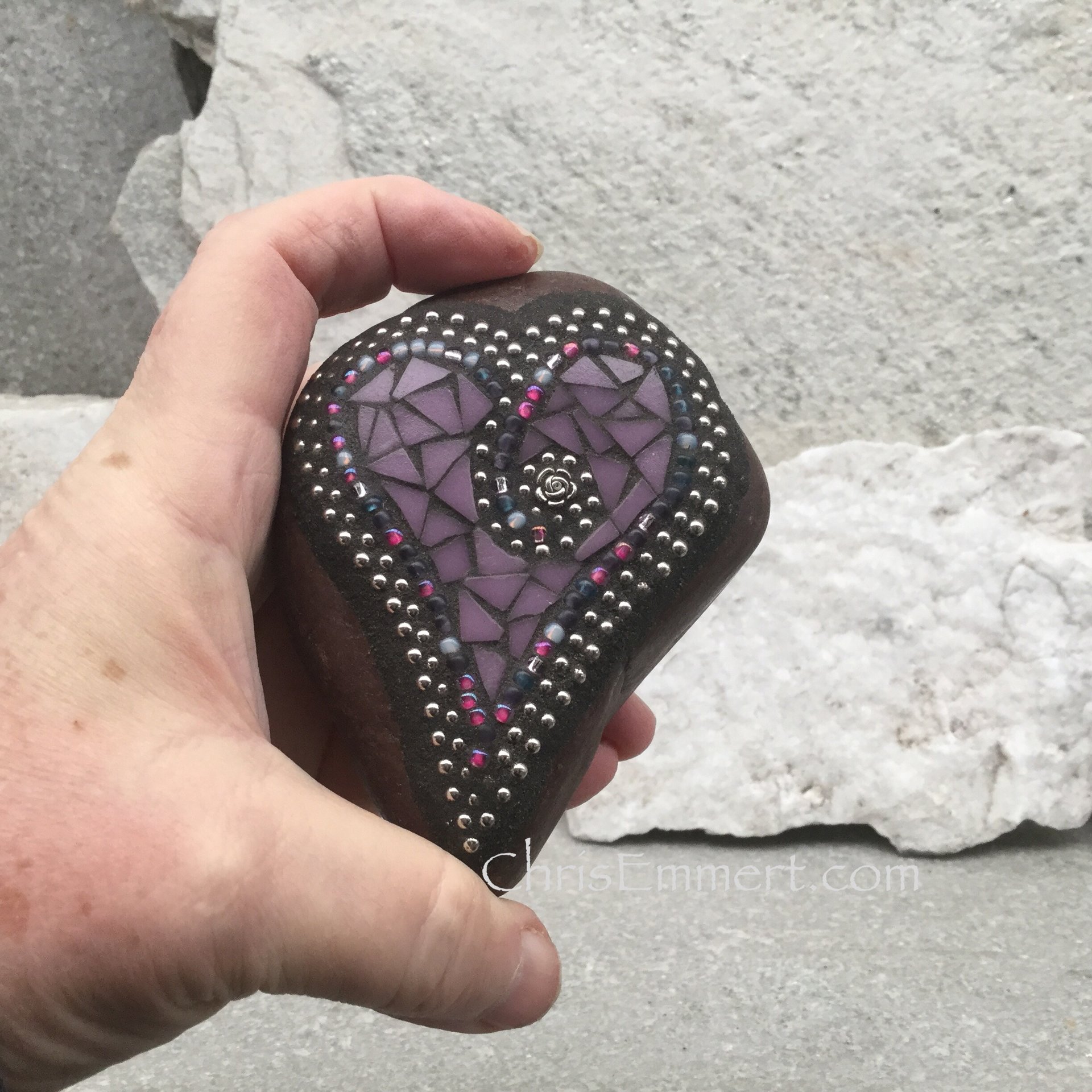 Pink and Purple Garden Stone/Paperweights #4 Group Mosaic Heart, Mosaic Rock, Mosaic Garden Stone, Home Decor, Gardening, Gardening Gift,