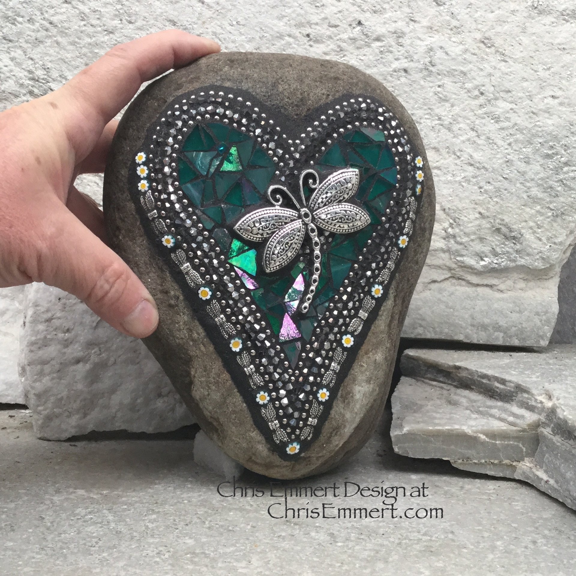 Iridescent Green Dragonfly Mosaic Heart, Mosaic Rock, Mosaic Garden Stone,