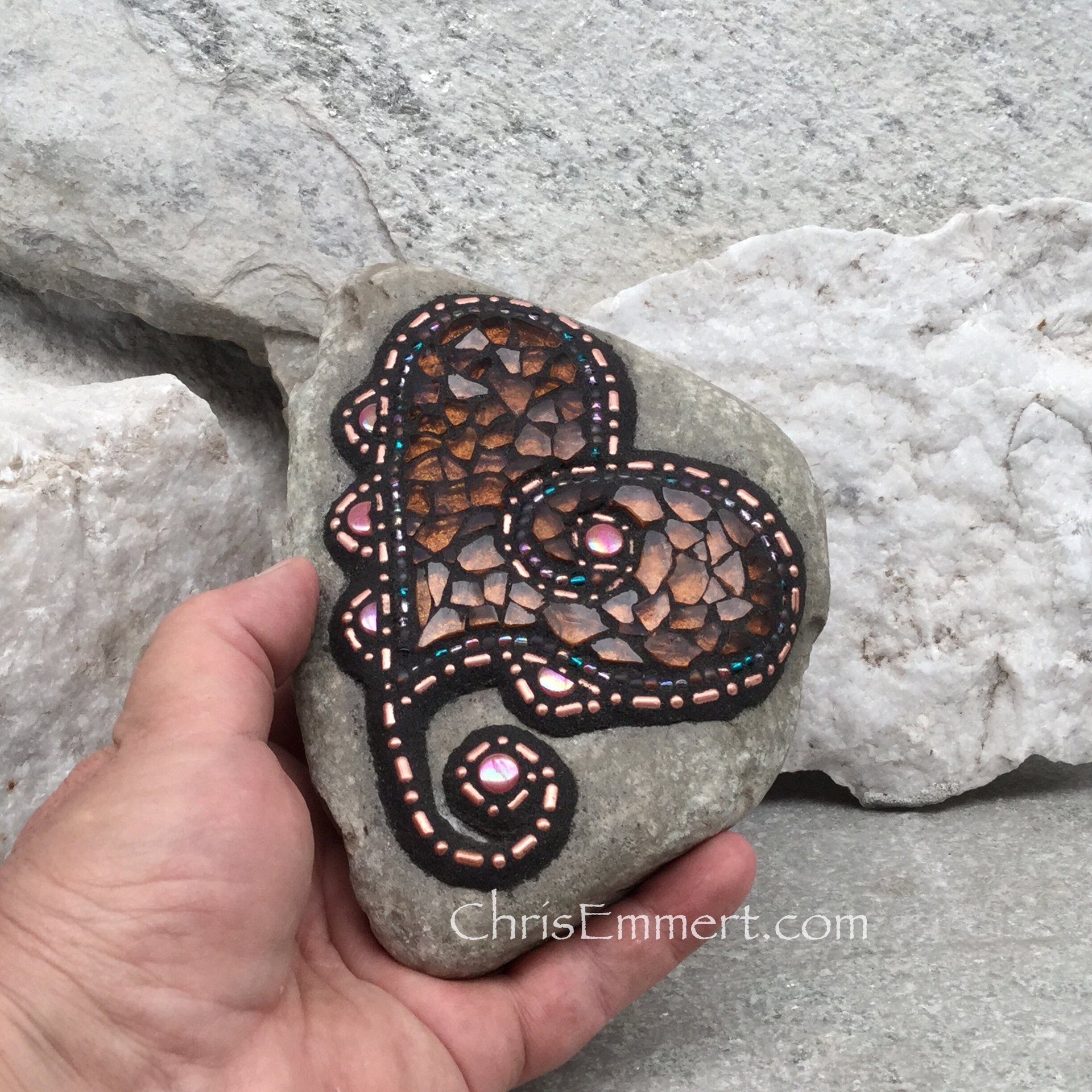 Mosaic Rock, Mosaic Heart, Copper Heart (B) Mosaic Garden Stone, Home Decor, Gardener Gift, Garden Decor,