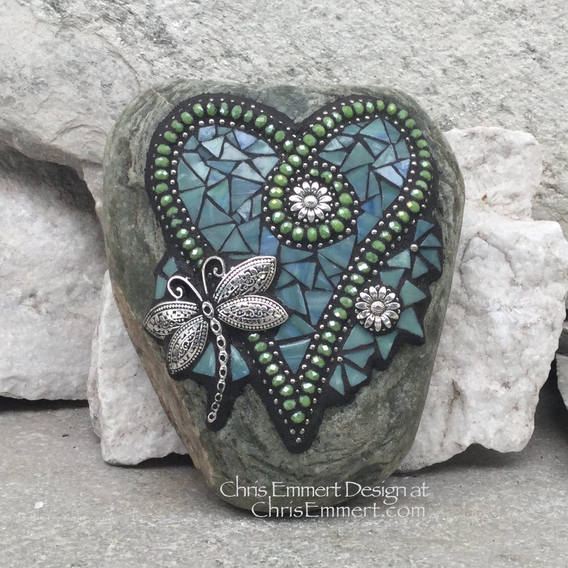 Blue-Green Dragonfly Mosaic Heart, Mosaic Rock, Mosaic Garden Stone,