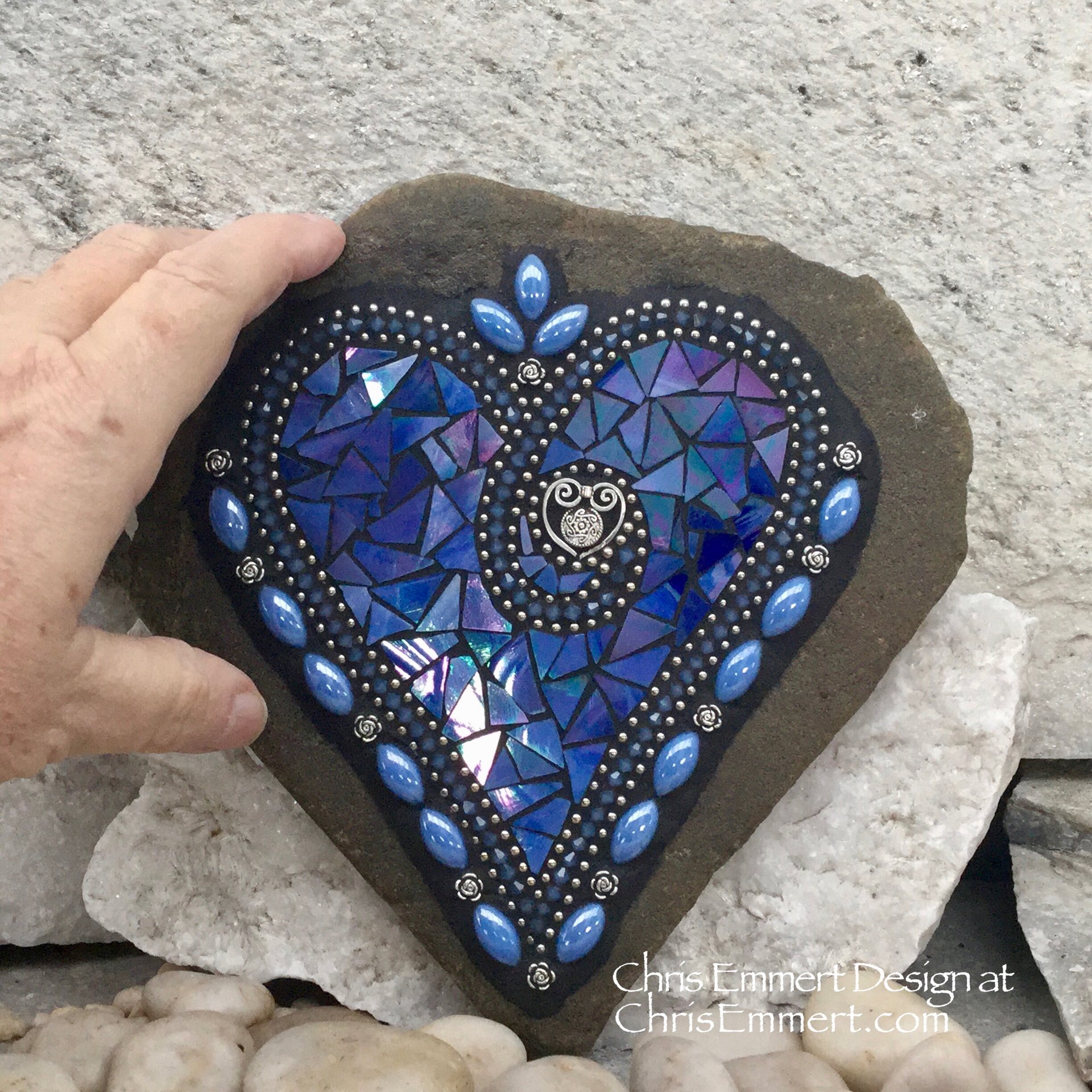 Iridescent Blue Heart, (3) Garden Stone, Mosaic, Garden Decor
