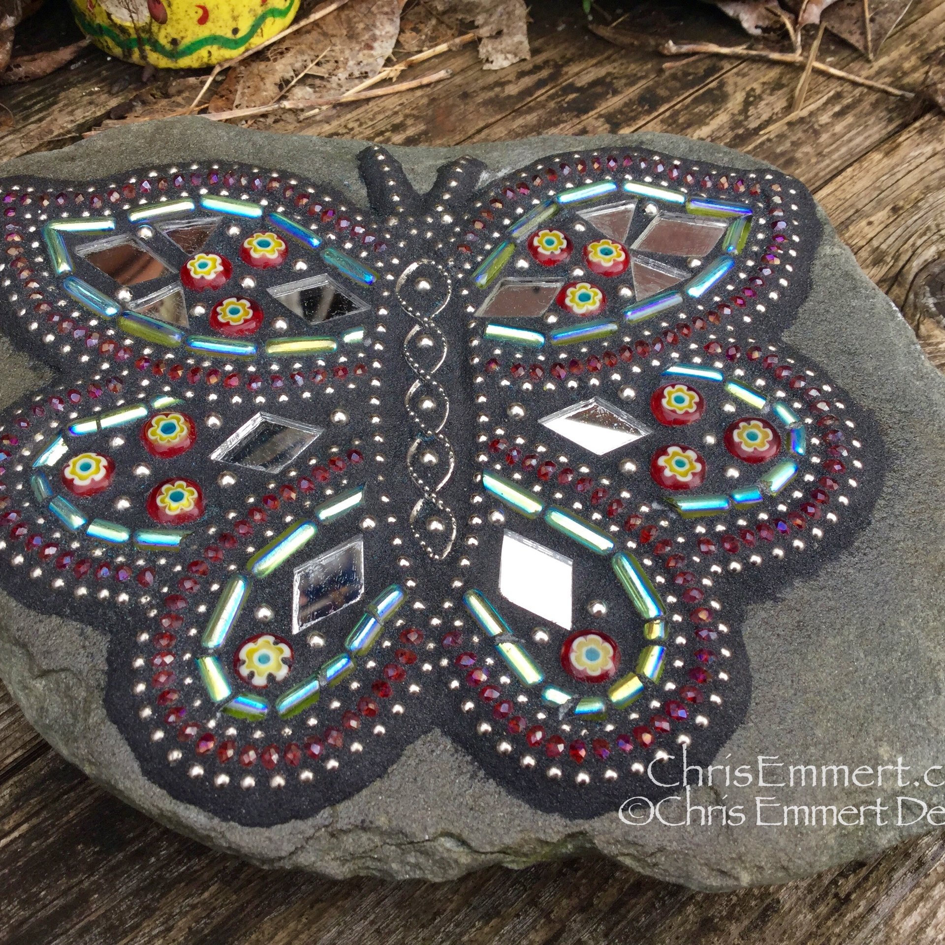 Red and Mirror Butterfly Mosaic -Garden Stone