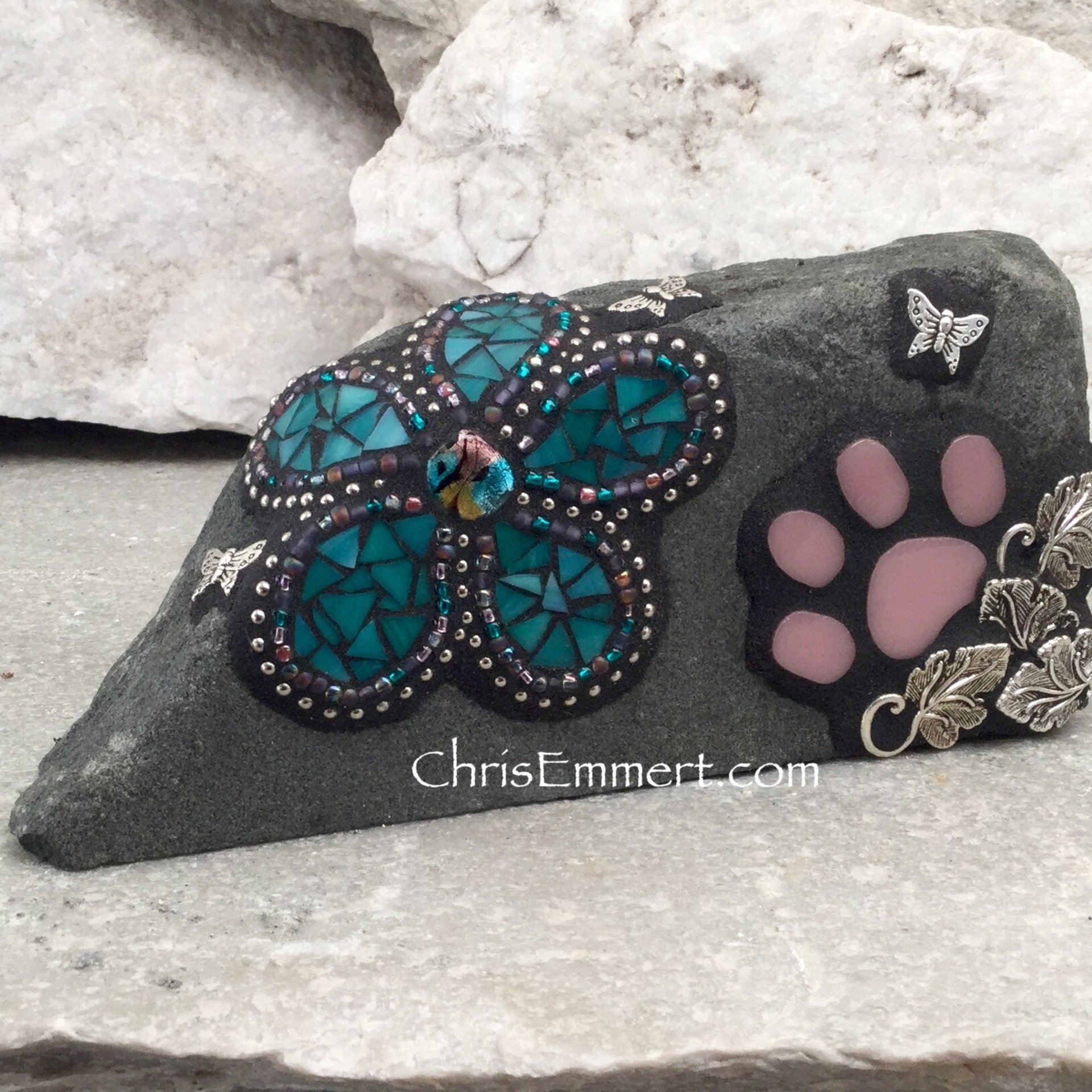 Custom Teal Flower, Paw, Pet Memorial, Garden Stone,  Gardener Gift