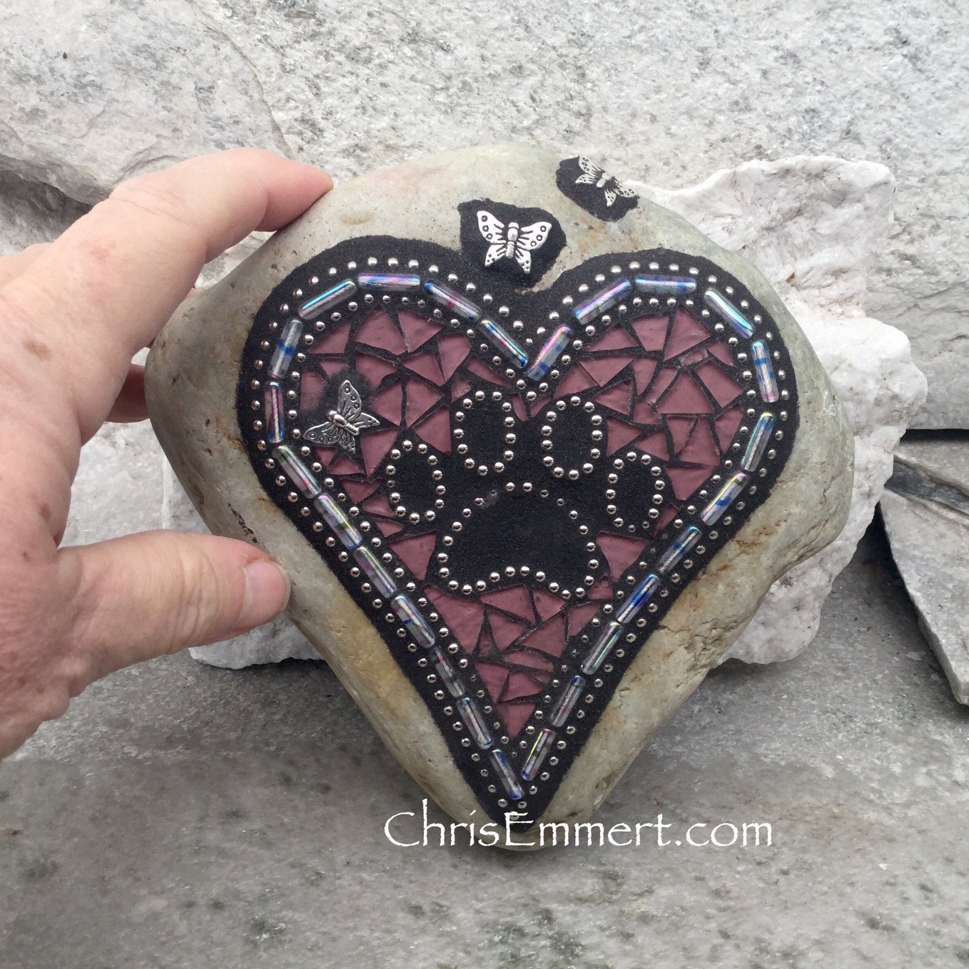 Light Purple Heart Mosaic with  Black Paw Print - Garden Stone, Pet Memorial