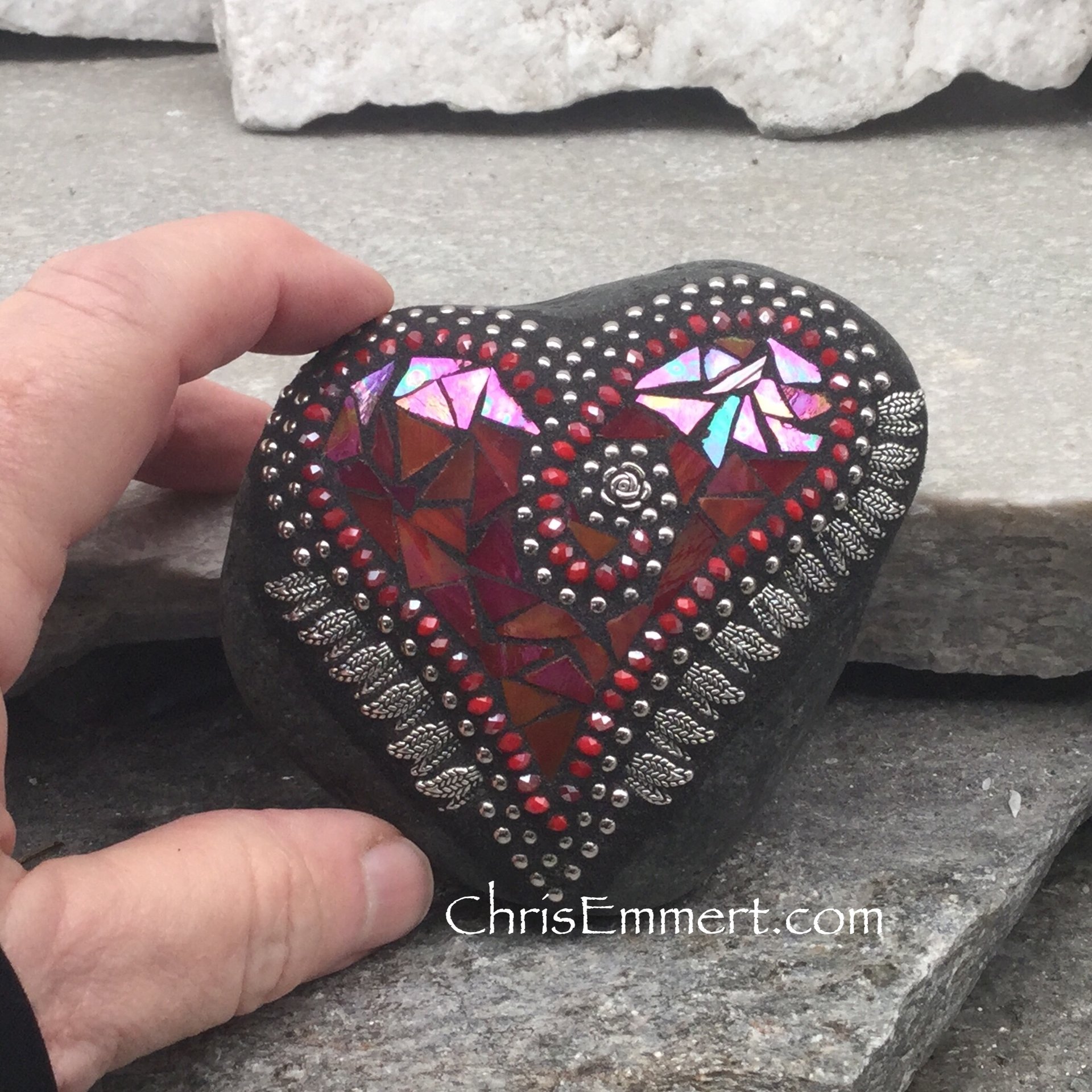 Red Valentine Heart, Dragonfly Wings, Mosaic Paperweight / Garden Stone