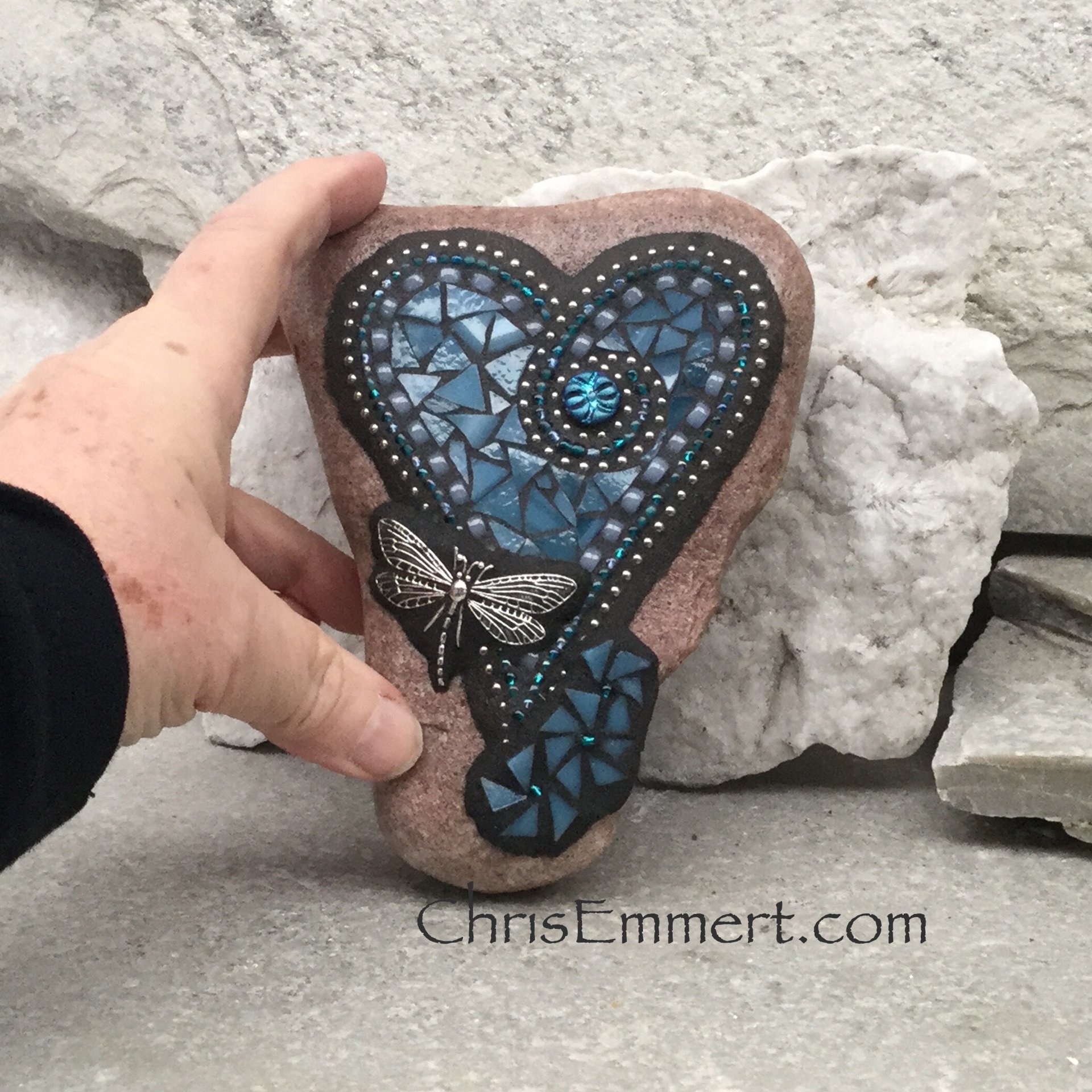 Denim Blue Heart, Garden Stone, Mosaic, Garden Decor