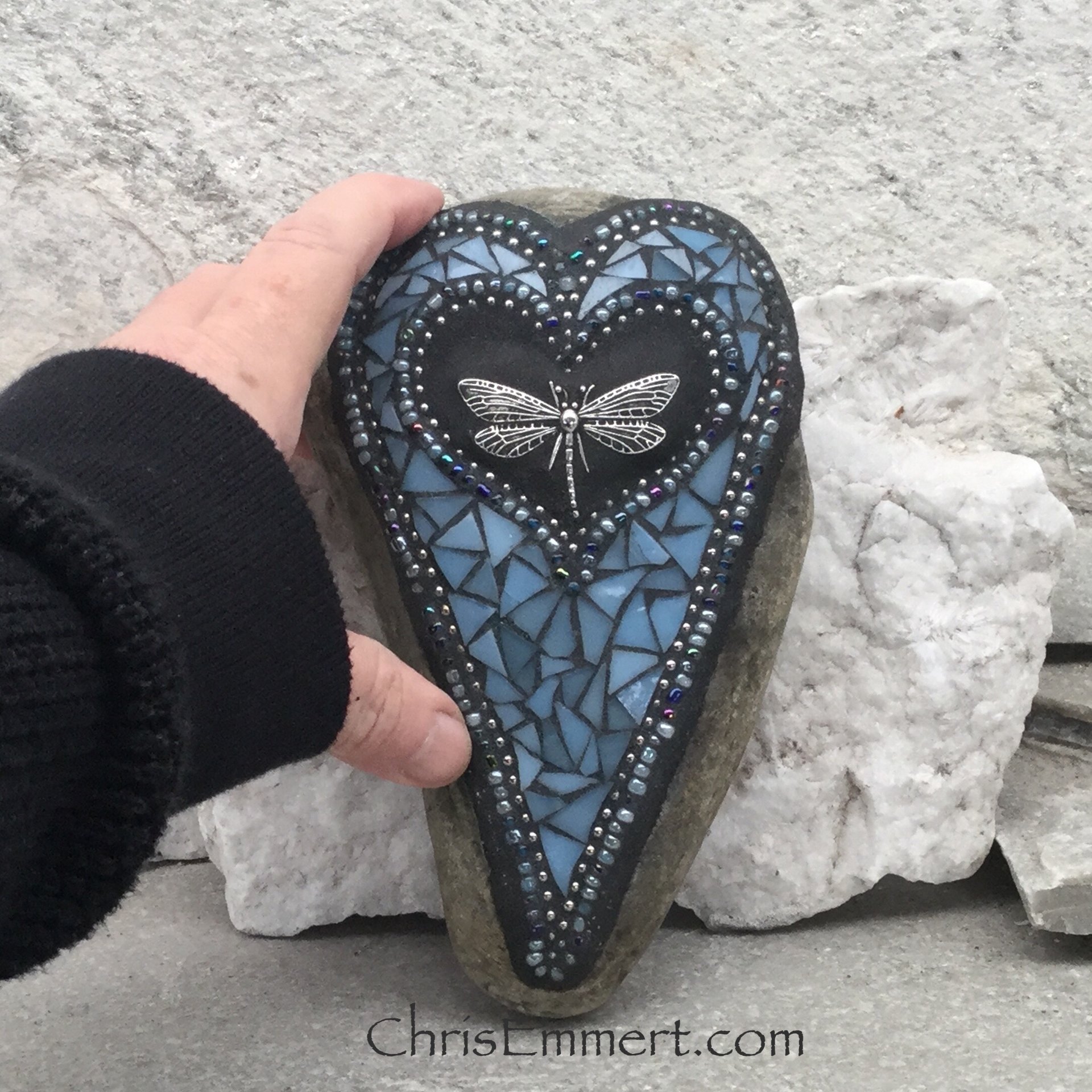 Blue Dragonfly Heart, Garden Stone, Mosaic, Garden Decor